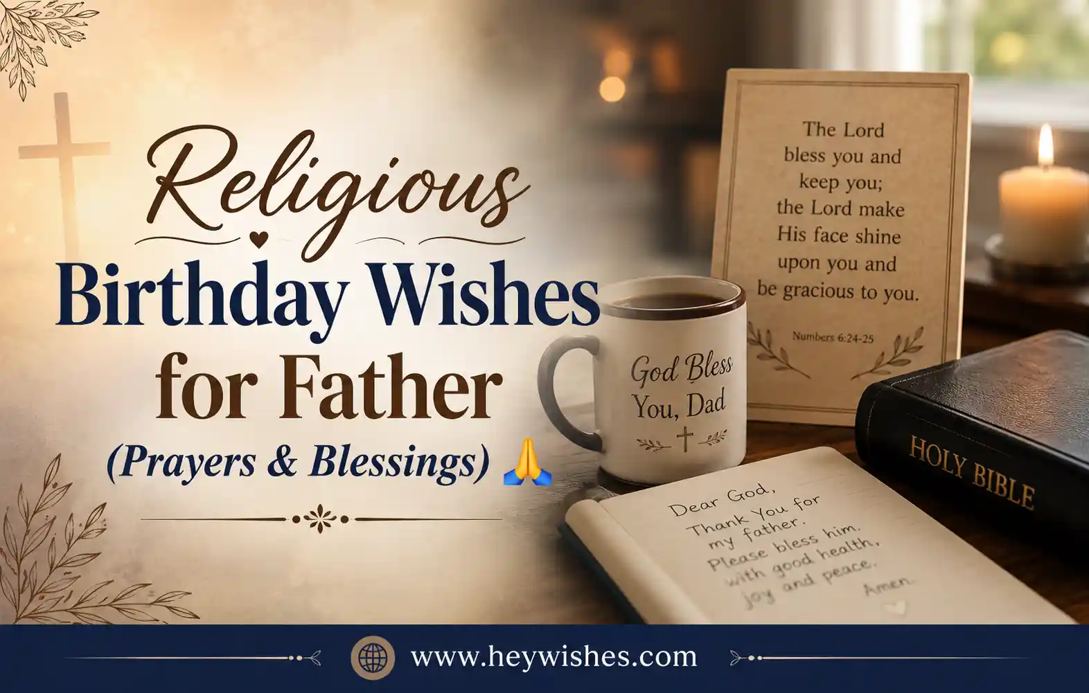 Religious birthday wishes for father with Bible, candle, prayer card, and blessings theme in warm spiritual background.