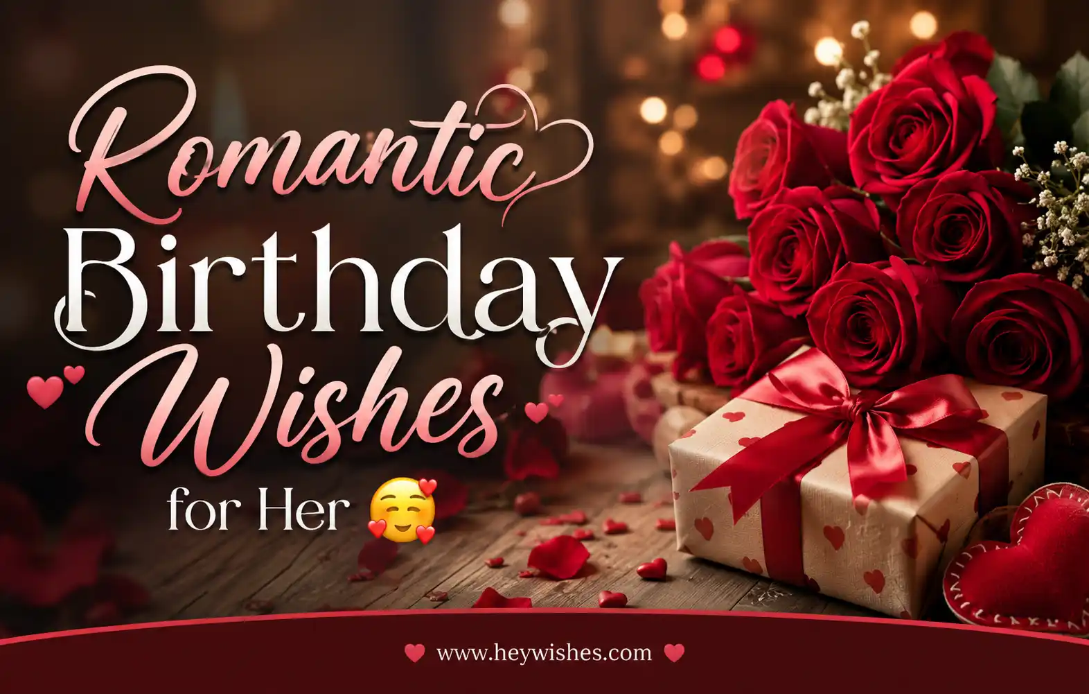 Romantic birthday wishes banner with roses, gift box, hearts, and elegant typography for her, featuring www.heywishes.com footer.