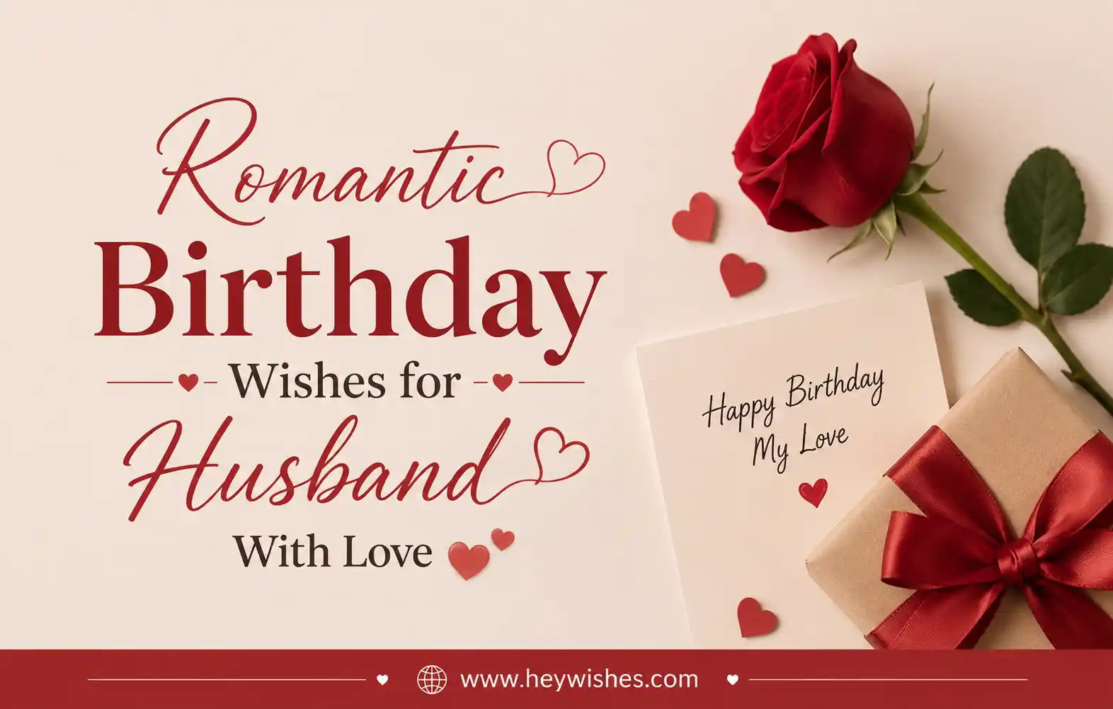 Minimal romantic birthday banner for husband with red typography, soft beige background, heart in hands, and love-themed design.