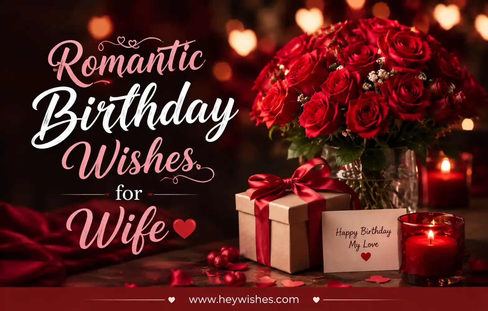 Romantic birthday banner with roses, candles, gift box, stylish text for wife, and HeyWishes website footer.