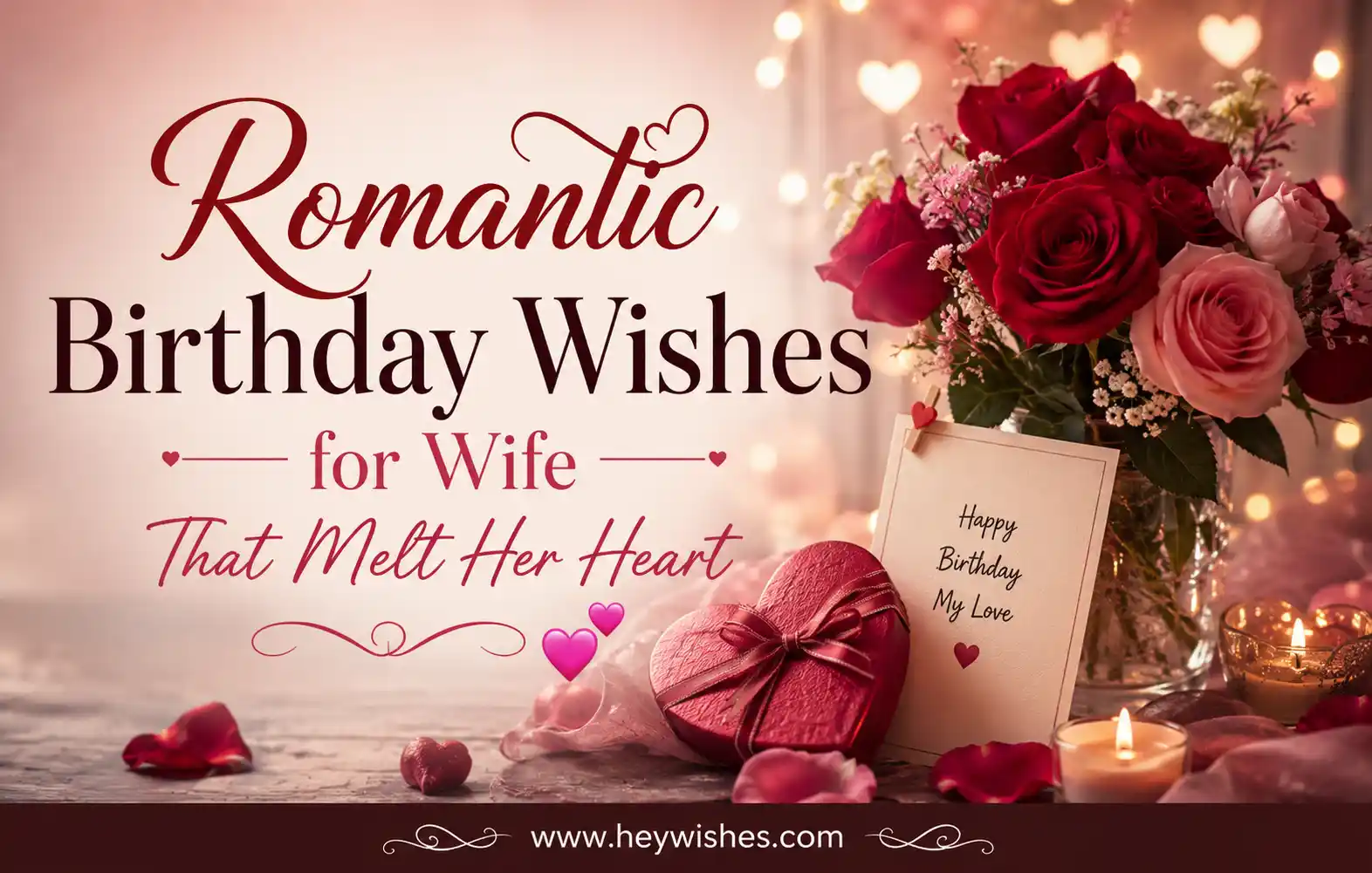 Romantic birthday wishes for wife banner with roses, candles, heart gift box, and elegant love-themed typography.