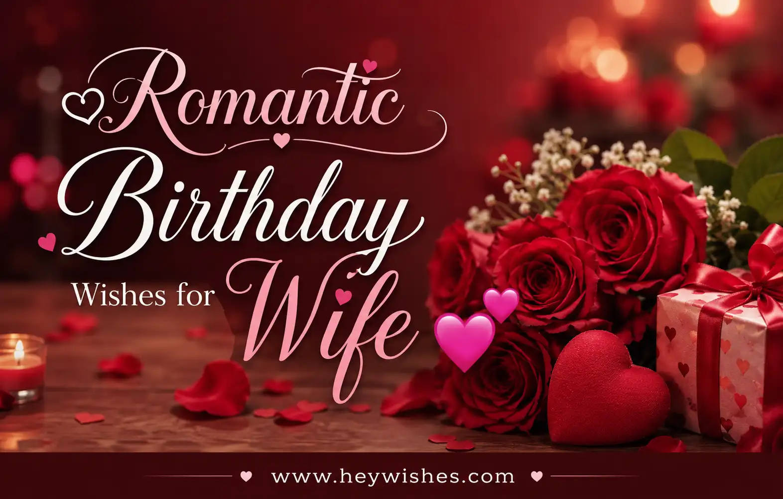 Romantic birthday card with elegant typography, red roses, candles, heart decor, gift box, and website footer www.heywishes.com