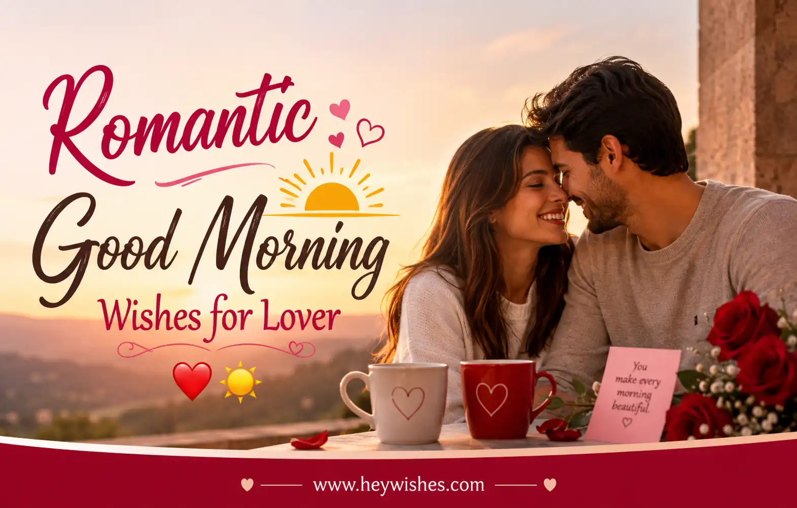 Romantic good morning wishes card with loving couple, sunrise background, coffee mugs, roses, and heartfelt romantic typography.