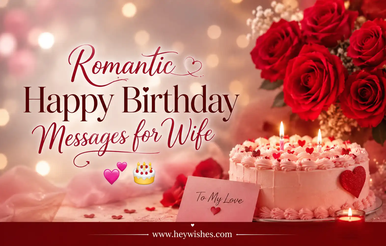 Romantic birthday card for wife with roses, heart cake, stylish typography, soft pink lights, and HeyWishes footer branding.