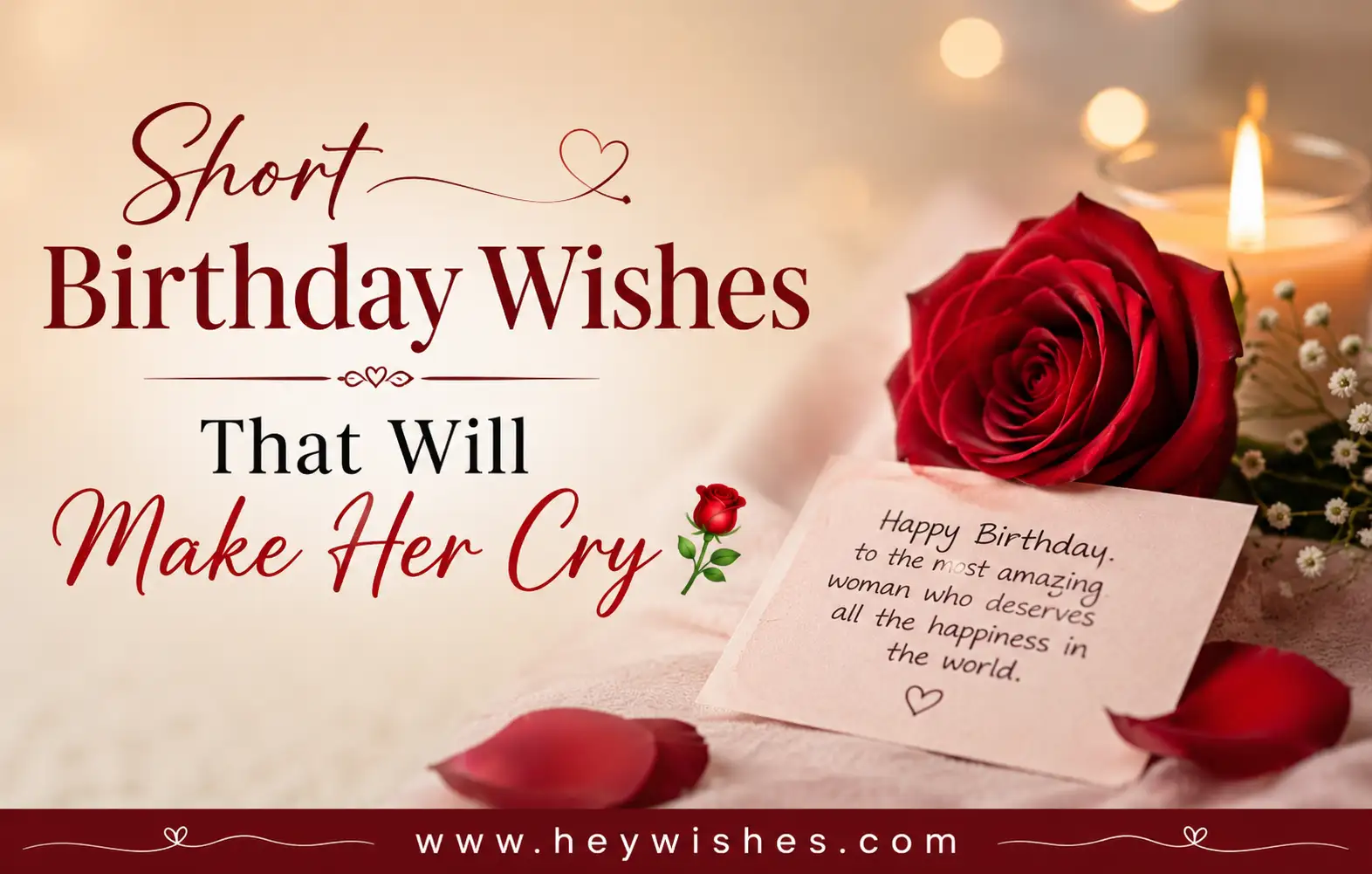 Emotional birthday wishes graphic with red roses, candlelight, and elegant typography for heartfelt women’s birthday messages.