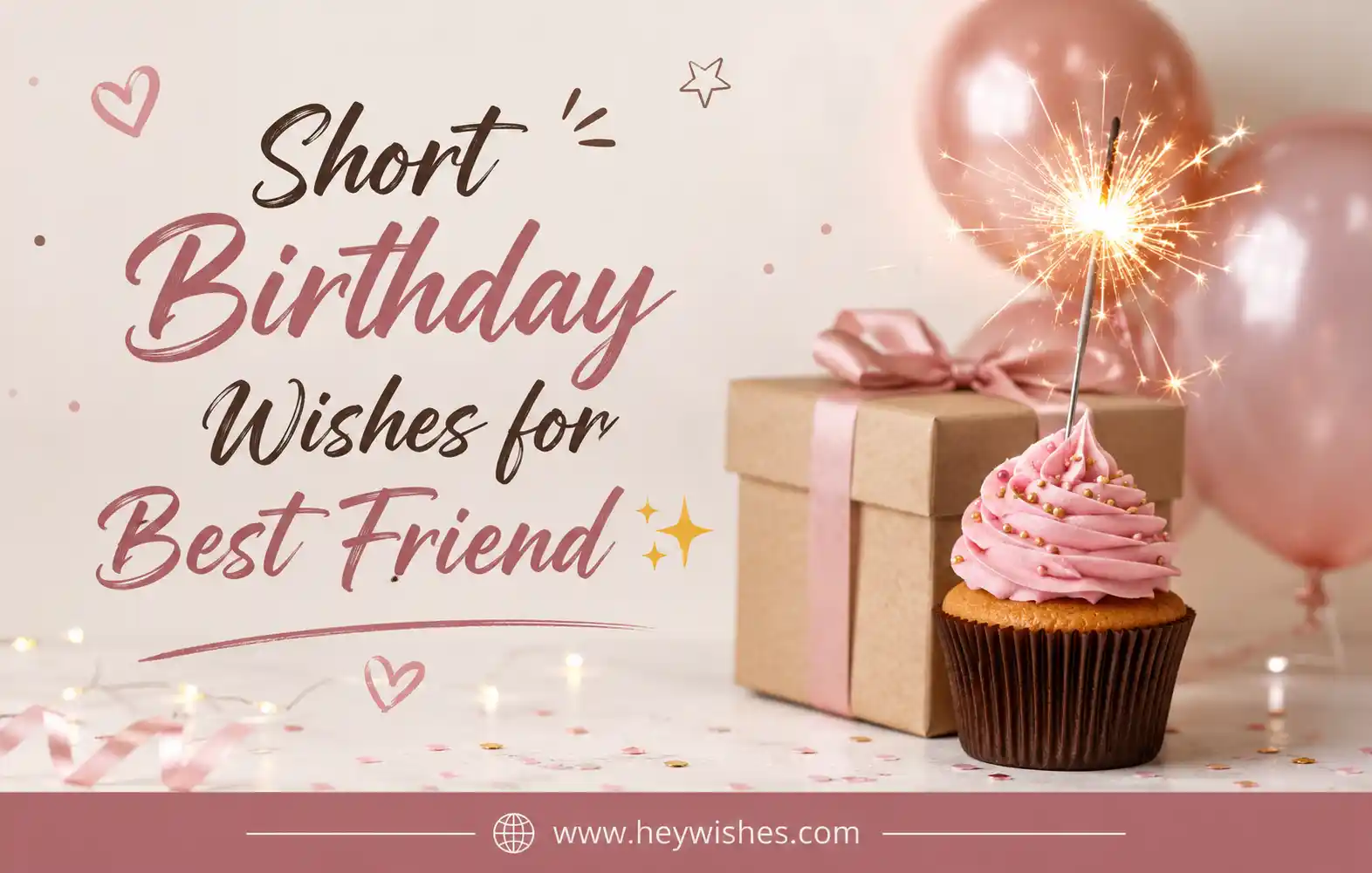 Stylish birthday graphic with cupcake, sparkler, gift box, balloons, and “Short Birthday Wishes for Best Friend ✨” text.