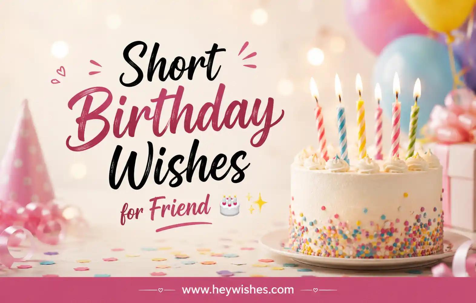 Colorful birthday cake with candles, balloons, and stylish text reading “Short Birthday Wishes for Friend” on a festive pastel background.