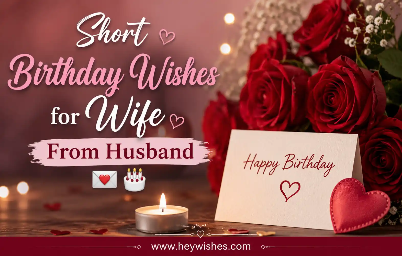 Romantic birthday wishes image for wife with roses, candlelight, heart graphics, stylish typography, and warm love-themed background.