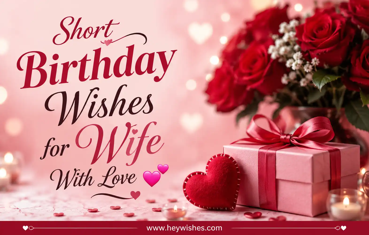 Romantic birthday card design with roses, gift box, heart decor and stylish text “Short Birthday Wishes for Wife With Love 💕” plus website footer.