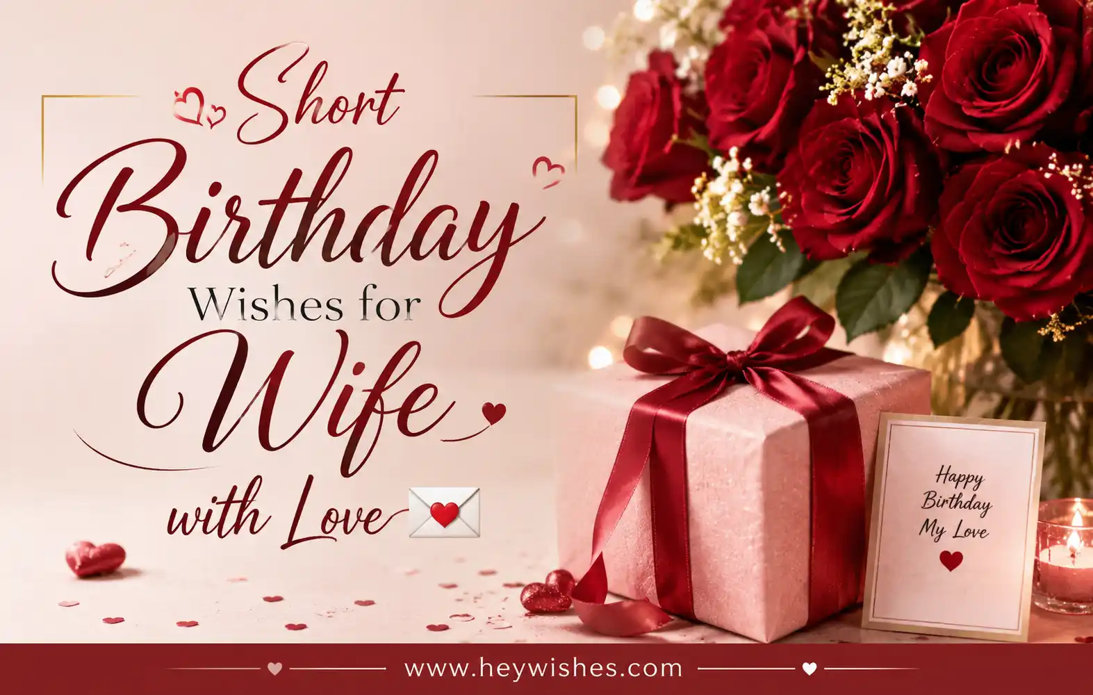 Romantic birthday graphic for wife with roses, gift box, candle, and stylish “Short Birthday Wishes for Wife with Love 💌” text.