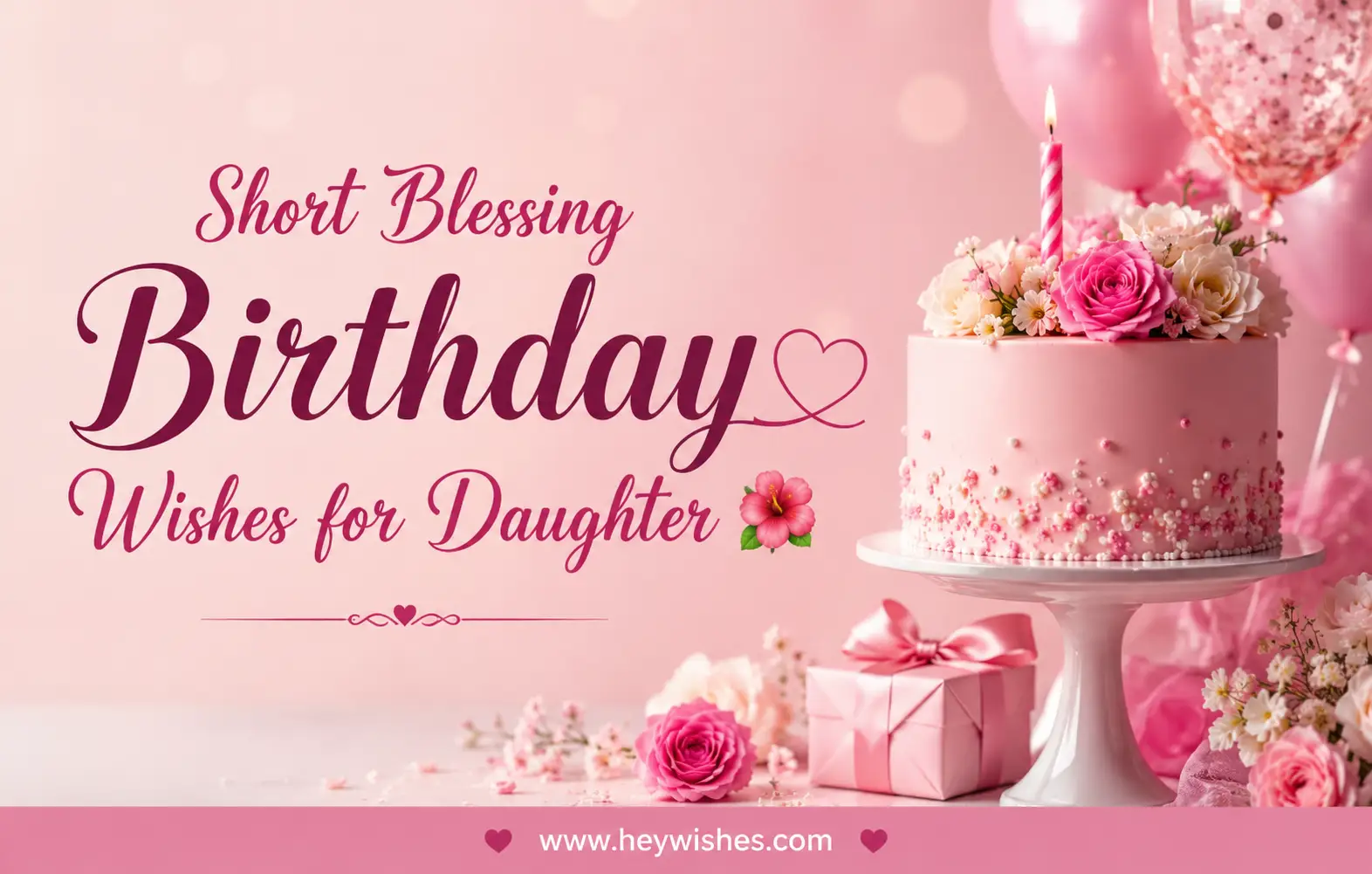 Pink floral birthday cake design with stylish “Short Blessing Birthday Wishes for Daughter” text and soft feminine celebration theme.