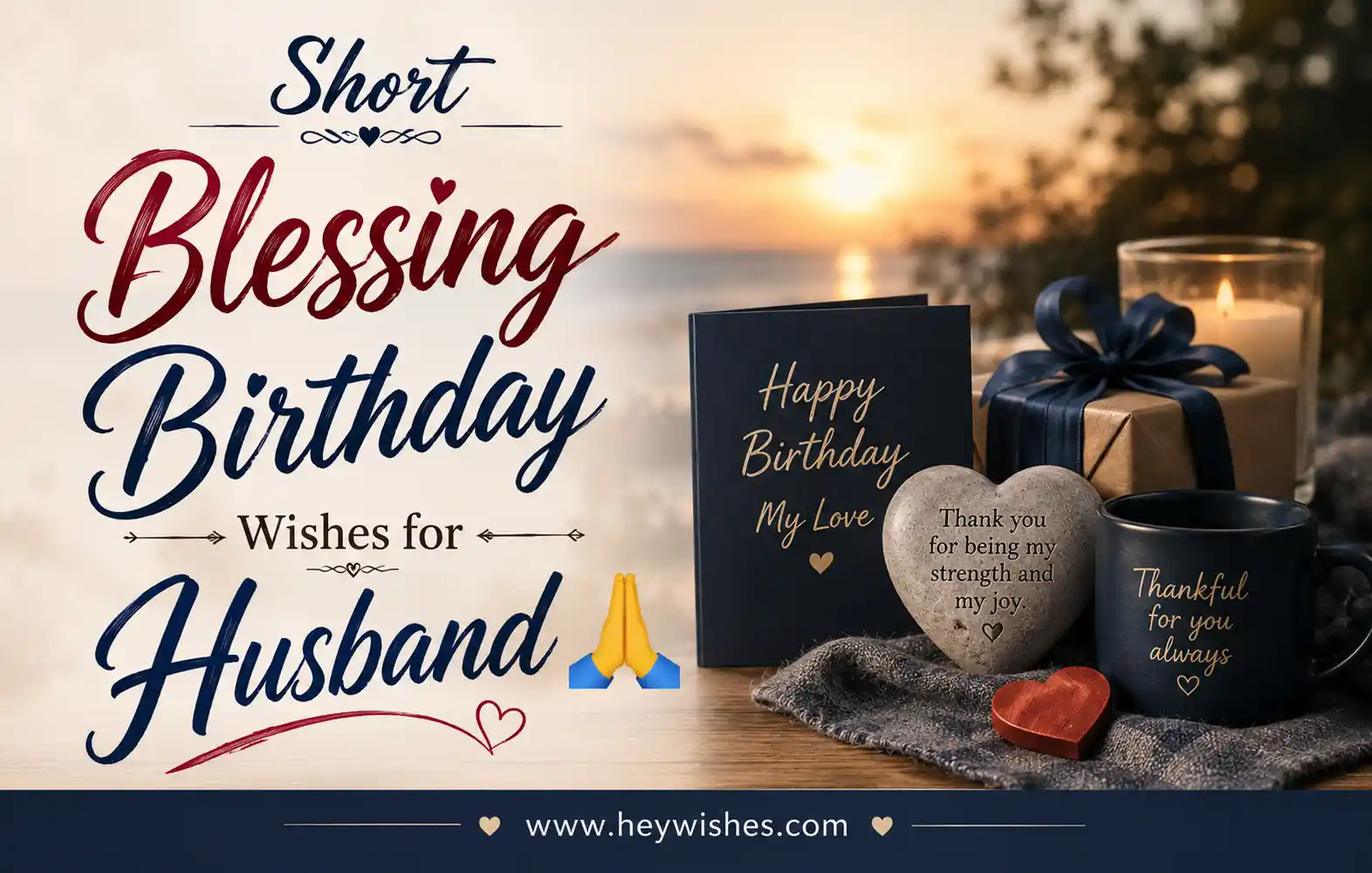 Romantic birthday wishes banner for husband with stylish typography, gifts, candlelight, sunset background, and heywishes.com footer.