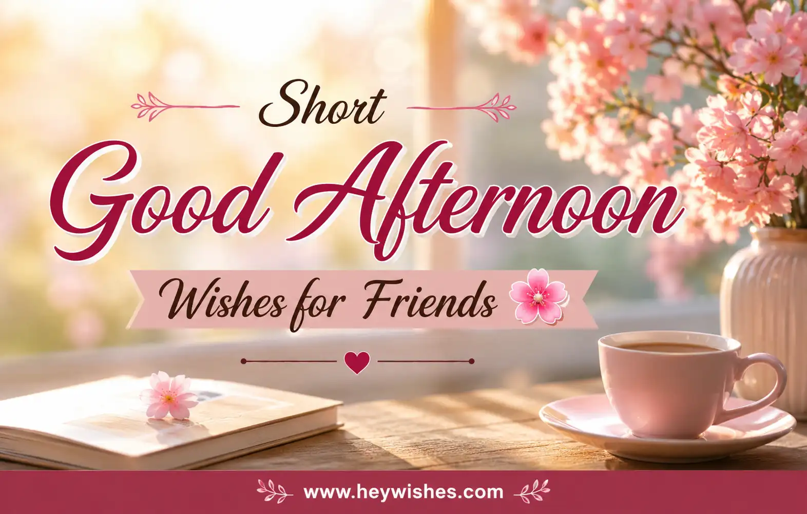 Beautiful good afternoon wishes for friends with pink flowers, cozy coffee, soft sunlight, and stylish typography.