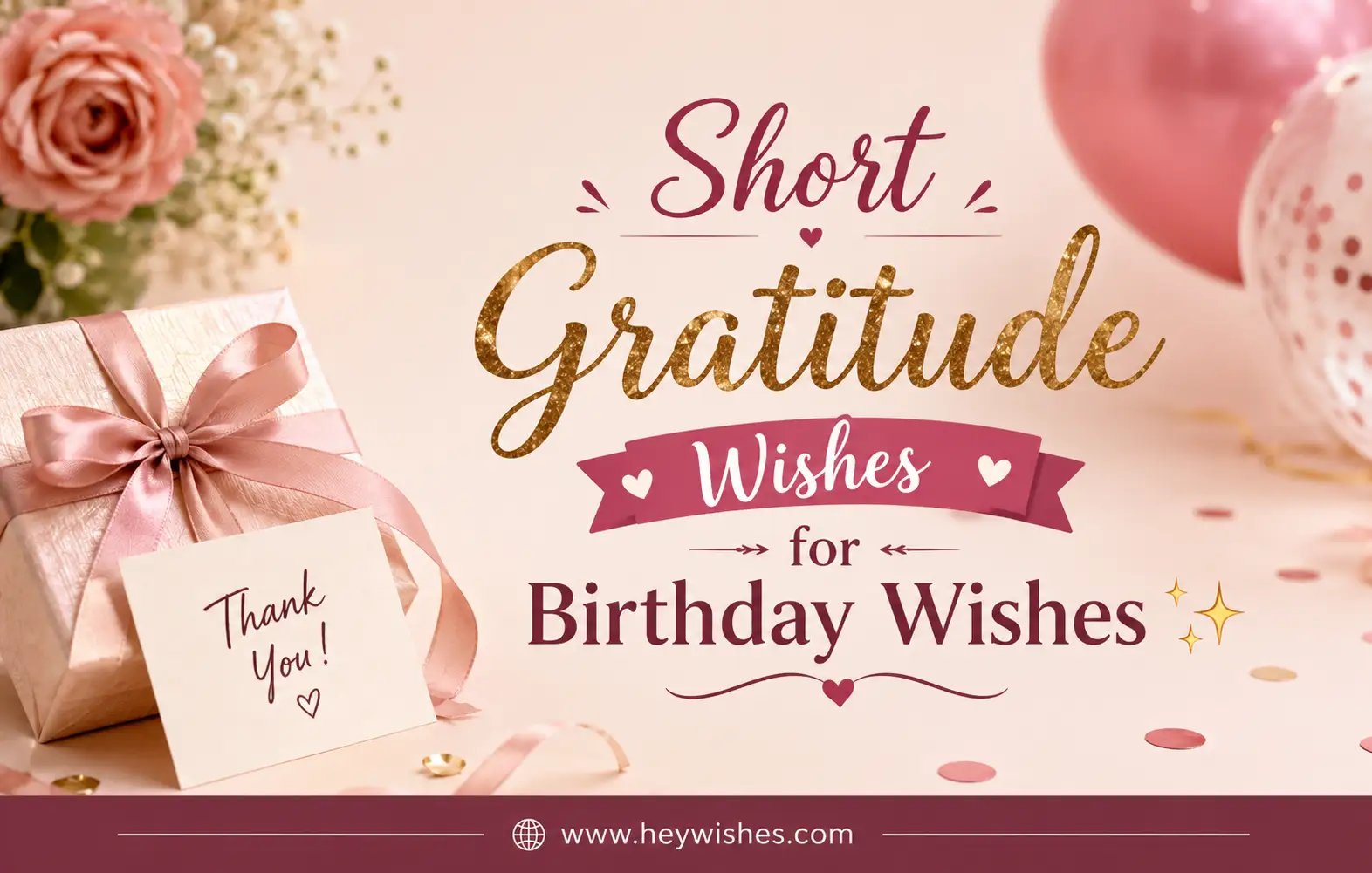 Short Gratitude Wishes for Birthday Wishes graphic with elegant typography, thank-you gift, balloons, soft florals, and HeyWishes branding footer.