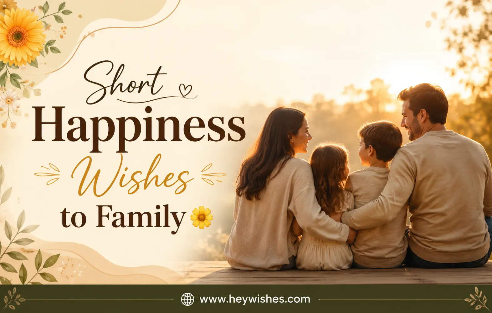 Happy family enjoying a golden sunset together with floral accents and stylish text, “Short Happiness Wishes to Family,” plus HeyWishes branding.