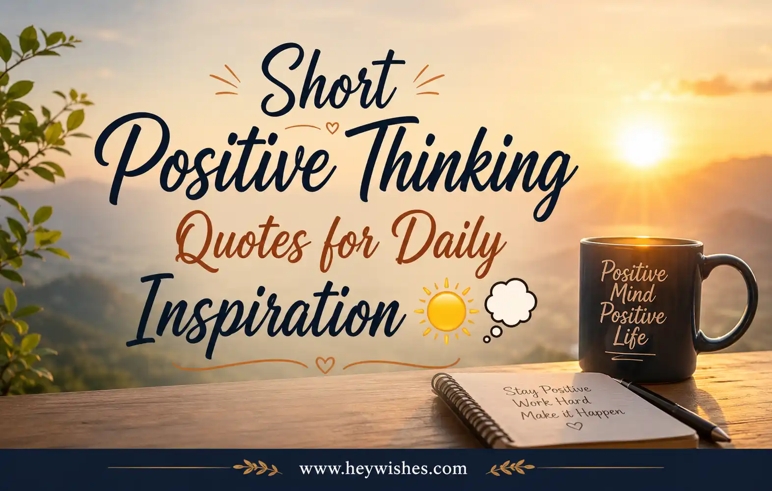 Short positive thinking quotes graphic with sunrise background, stylish typography, coffee mug, and daily inspiration theme by HeyWishes.