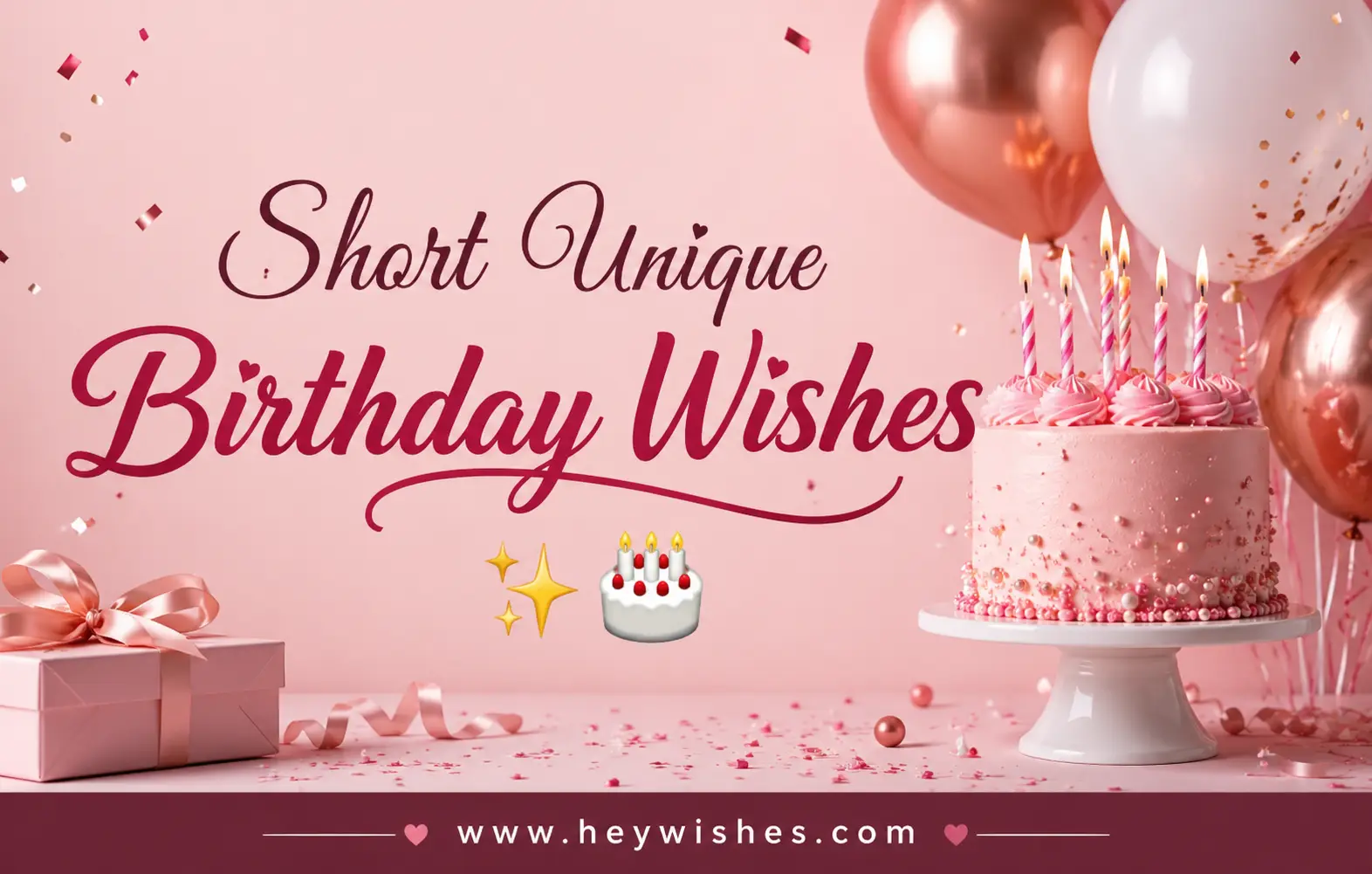 Stylish pink birthday graphic with elegant “Short Unique Birthday Wishes” text, cake, balloons, confetti, and festive decorations.