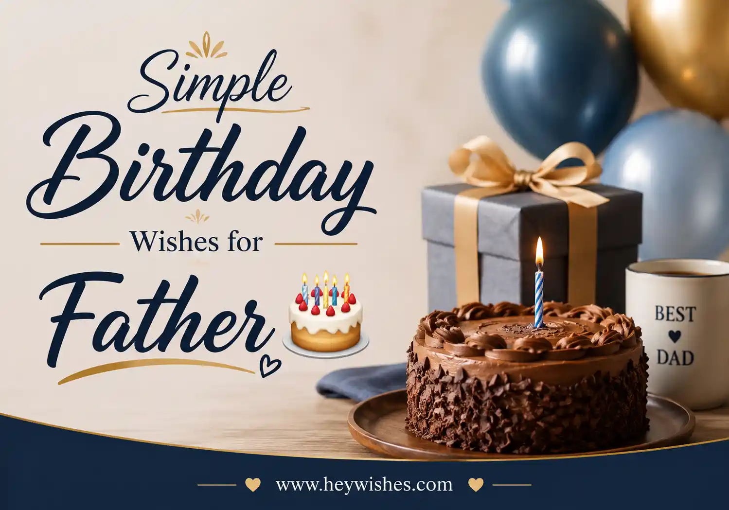 Stylish birthday graphic for father with gift box, mug, glasses, and “Simple Birthday Wishes for Father” text plus heywishes.com footer.