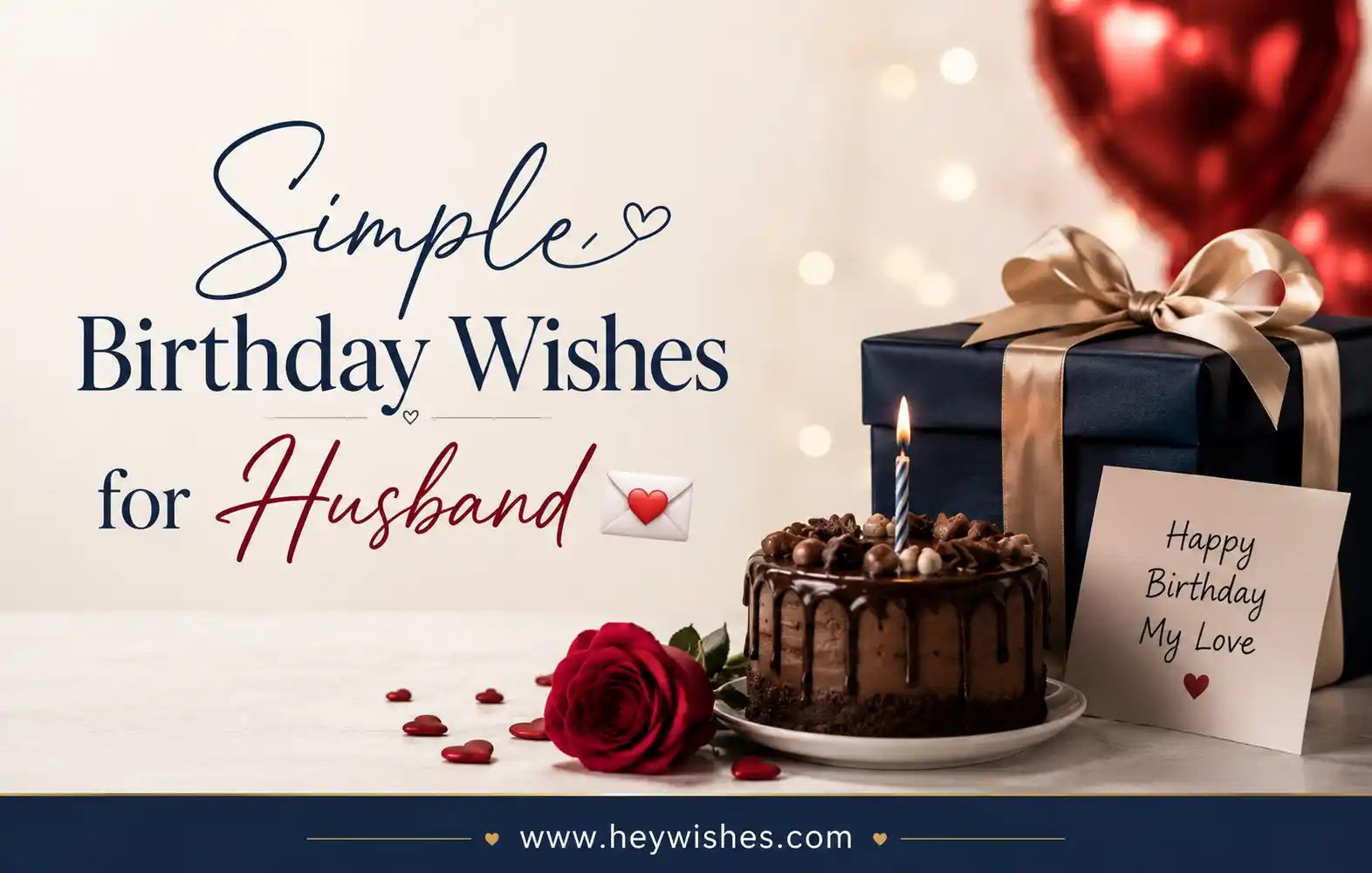 Romantic birthday graphic for husband with cake, gift box, rose, balloons, and stylish “Simple Birthday Wishes for Husband” text.