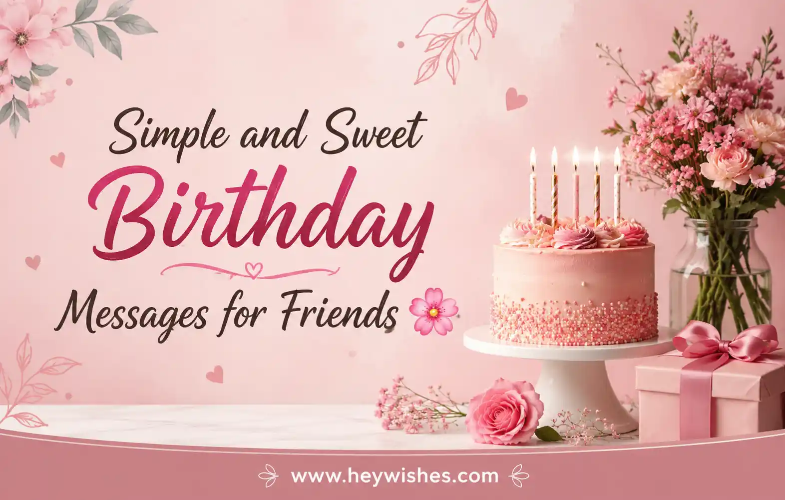 Pink birthday banner with floral decor, cake, and gift box featuring “Simple and Sweet Birthday Messages for Friends” text.