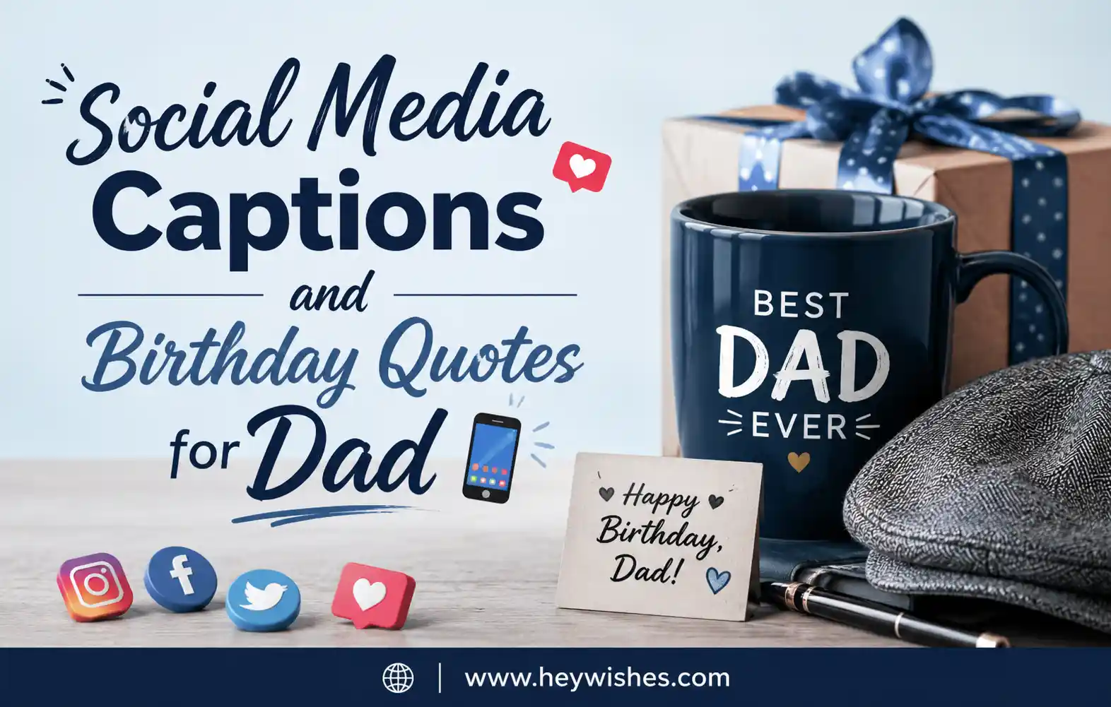 Realistic birthday-themed graphic for dad with social media icons, gift box, coffee mug, and stylish text for captions and quotes.