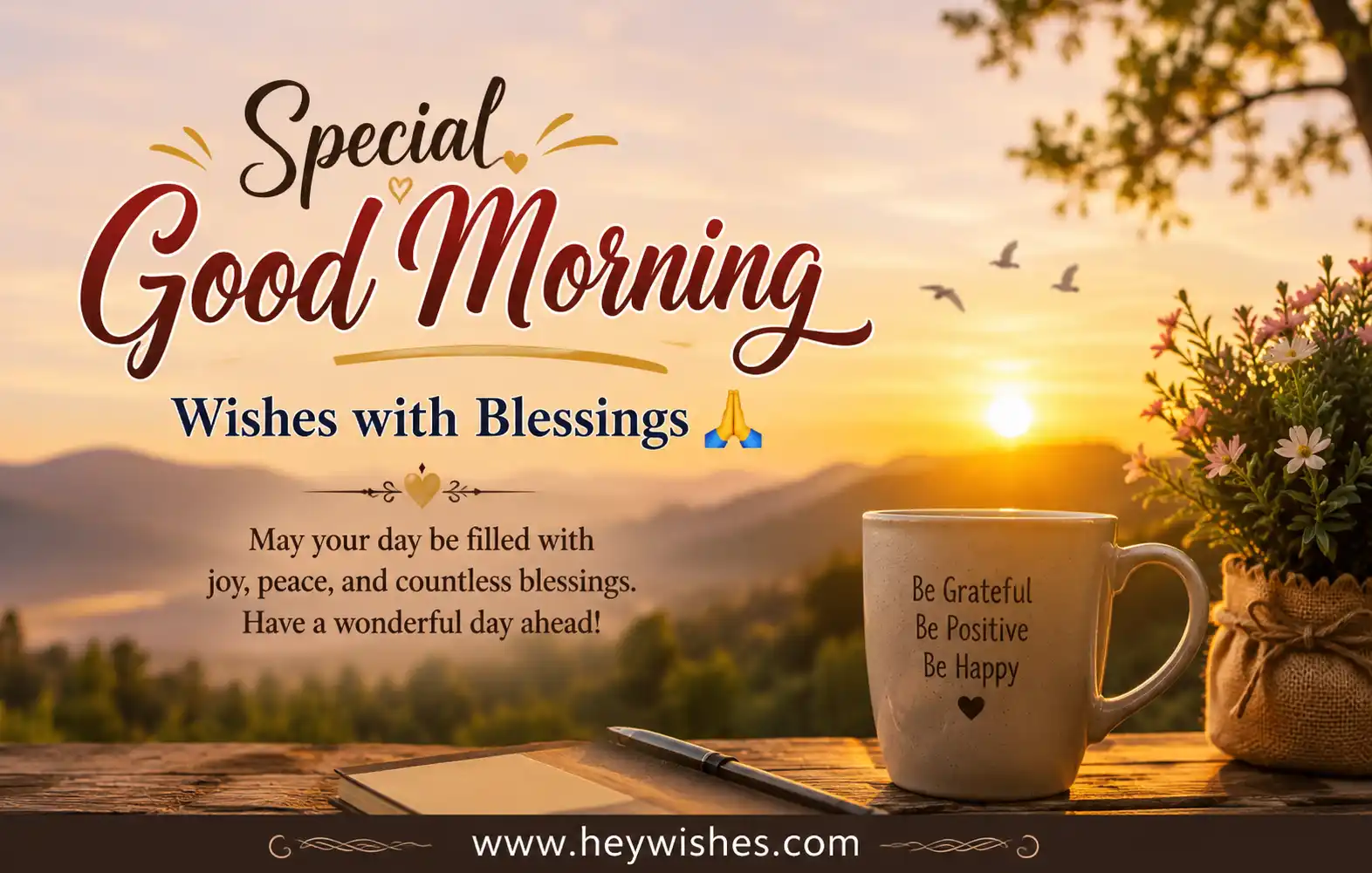 Special good morning wishes with blessings graphic featuring sunrise, flowers, coffee mug, and inspirational message with website footer.