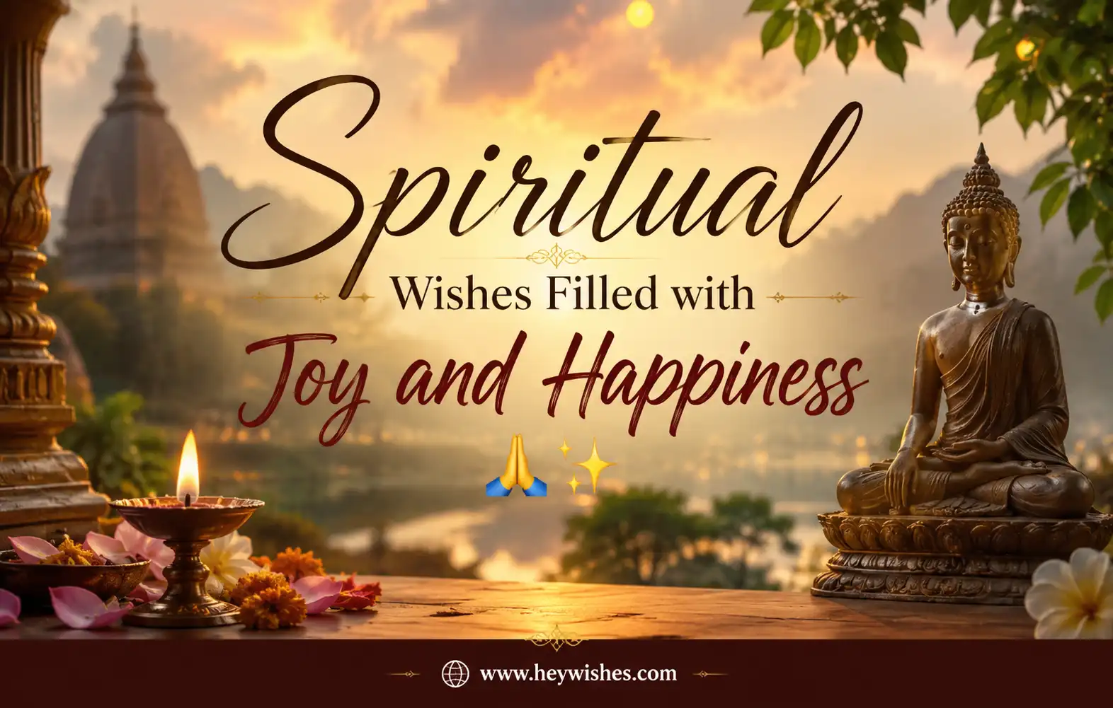 Spiritual wishes graphic with peaceful Buddha statue, glowing candles, temple scenery, and joyful inspirational typography.