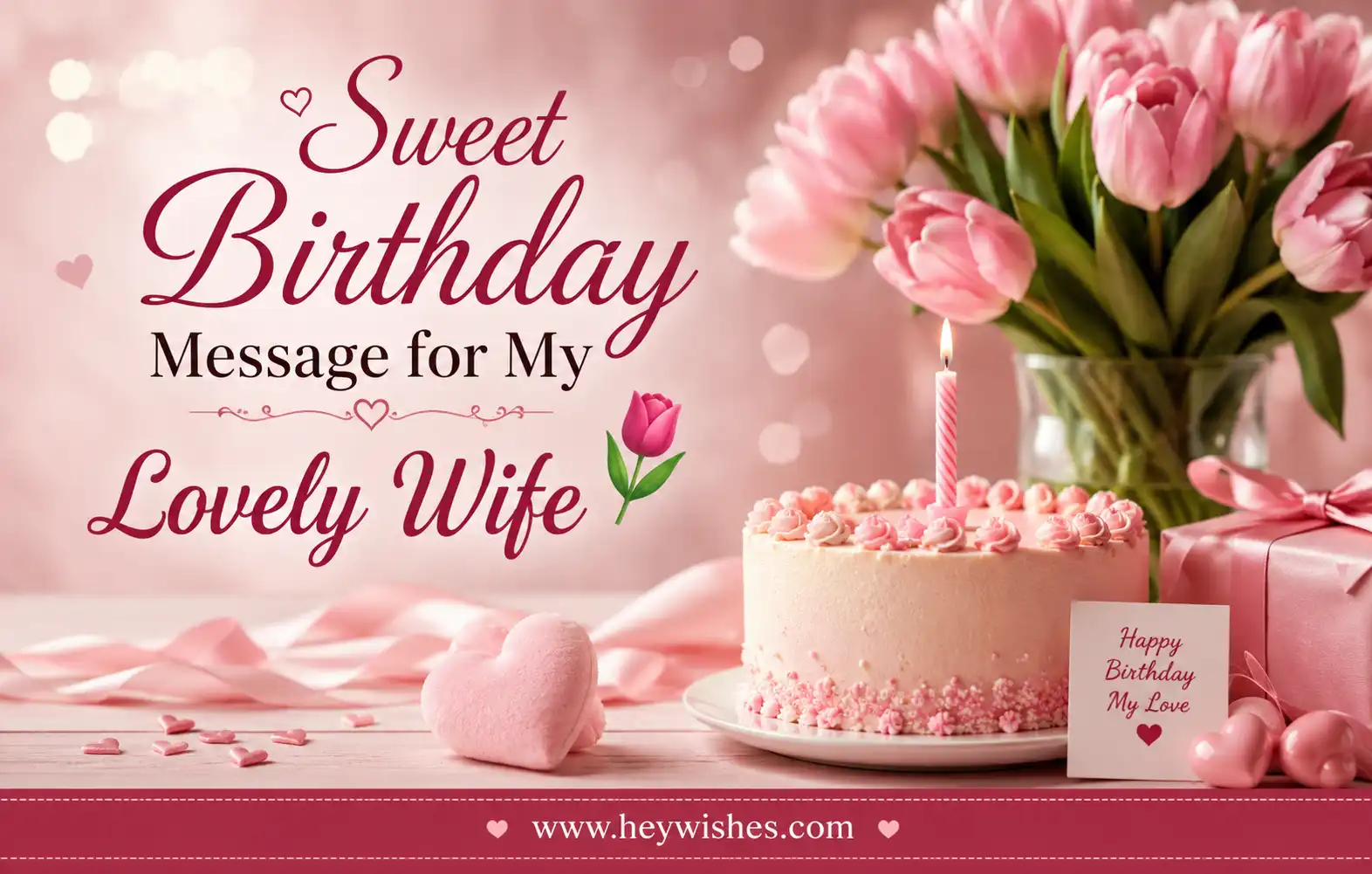 Romantic birthday banner with pink flowers, cake, gift box, and elegant text reading “Sweet Birthday Message for My Lovely Wife 🌷”.