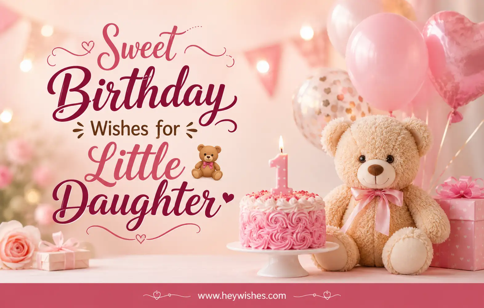 Cute pastel birthday banner with teddy bear, pink cake, balloons, and stylish “Sweet Birthday Wishes for Little Daughter” text.