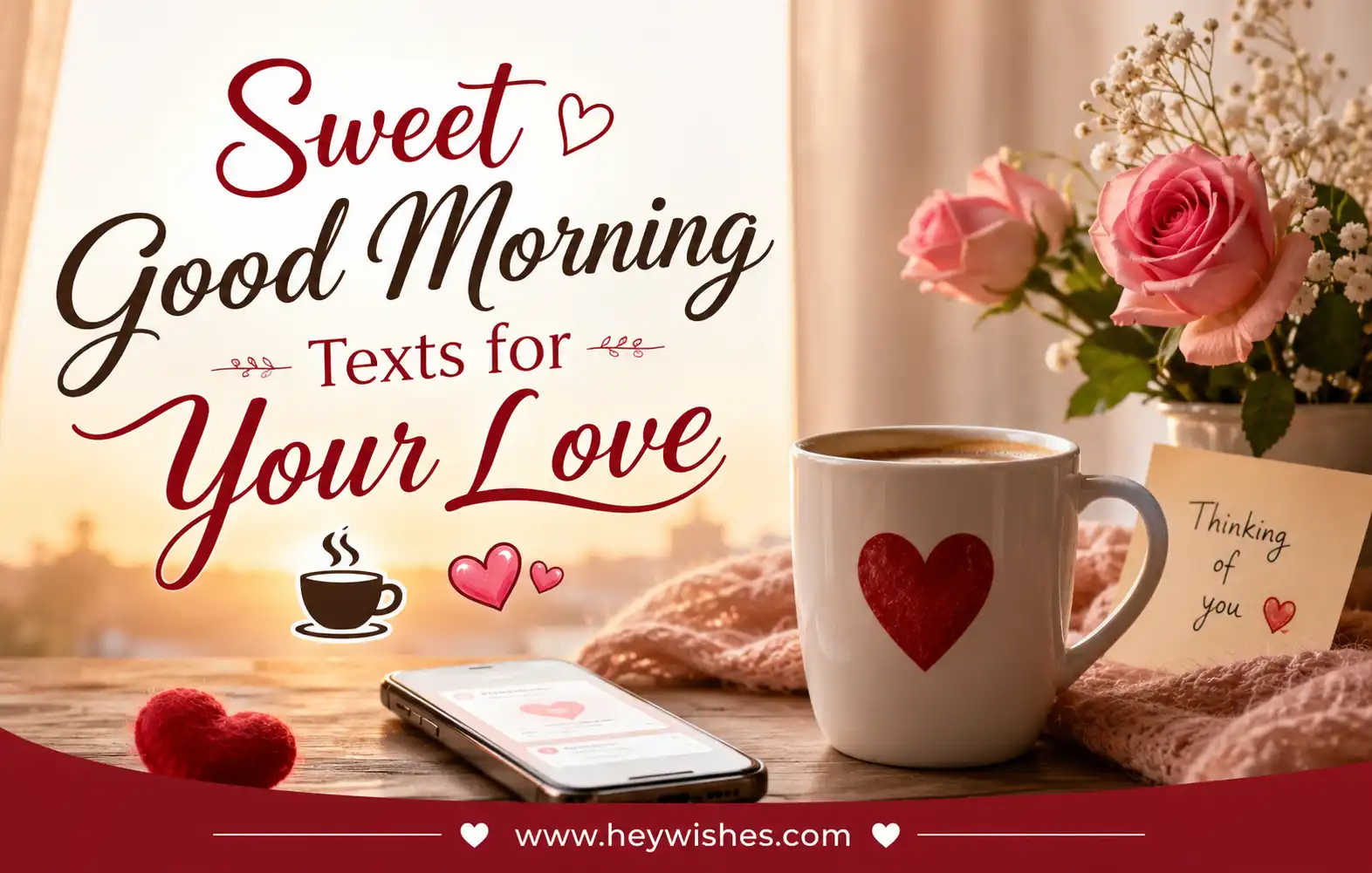 Romantic good morning graphic with coffee mug, roses, and heartfelt love text in warm sunrise lighting.