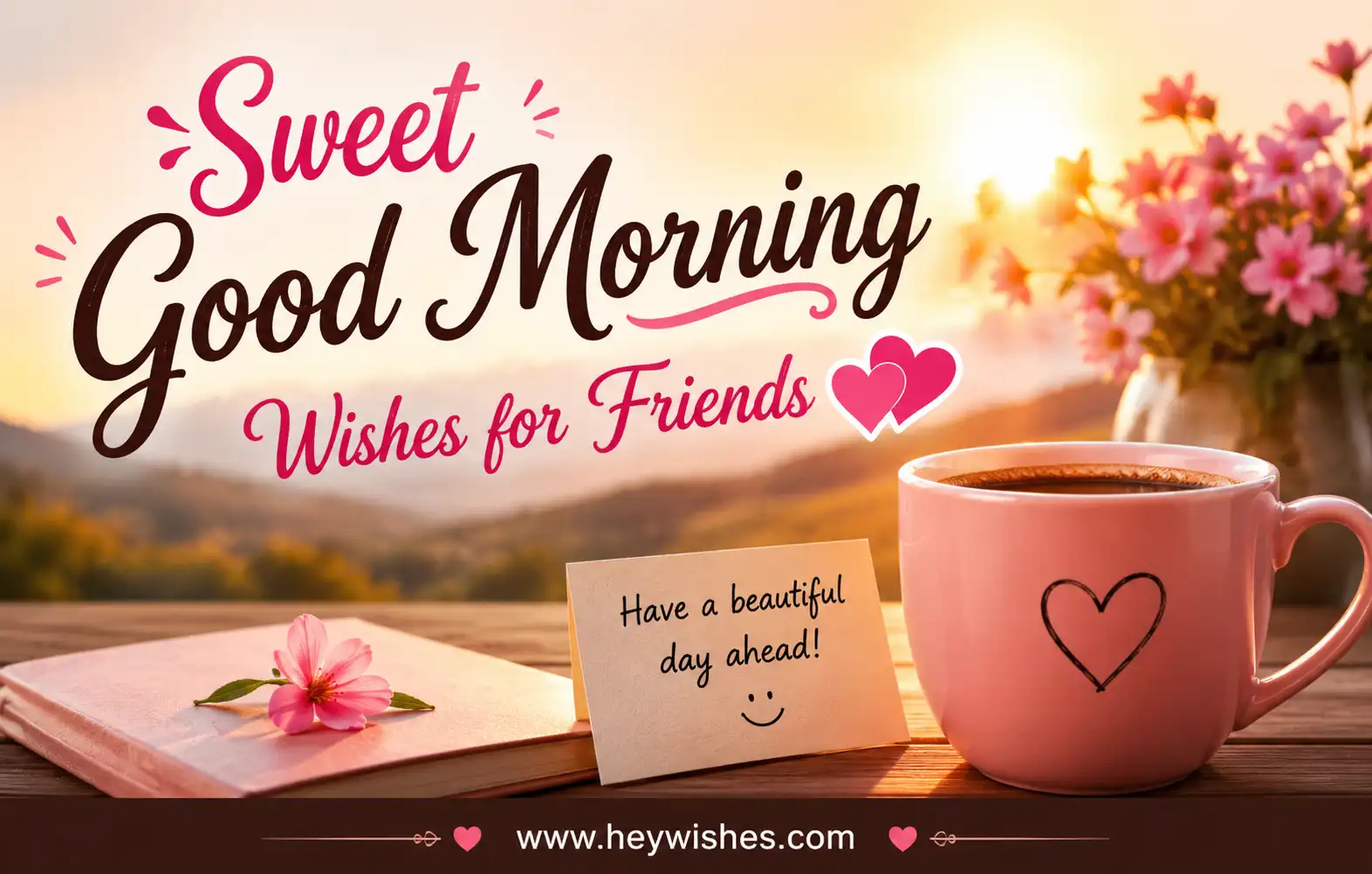Sweet good morning greeting card with pink flowers, coffee cup, sunrise background, and heartfelt wishes for friends.