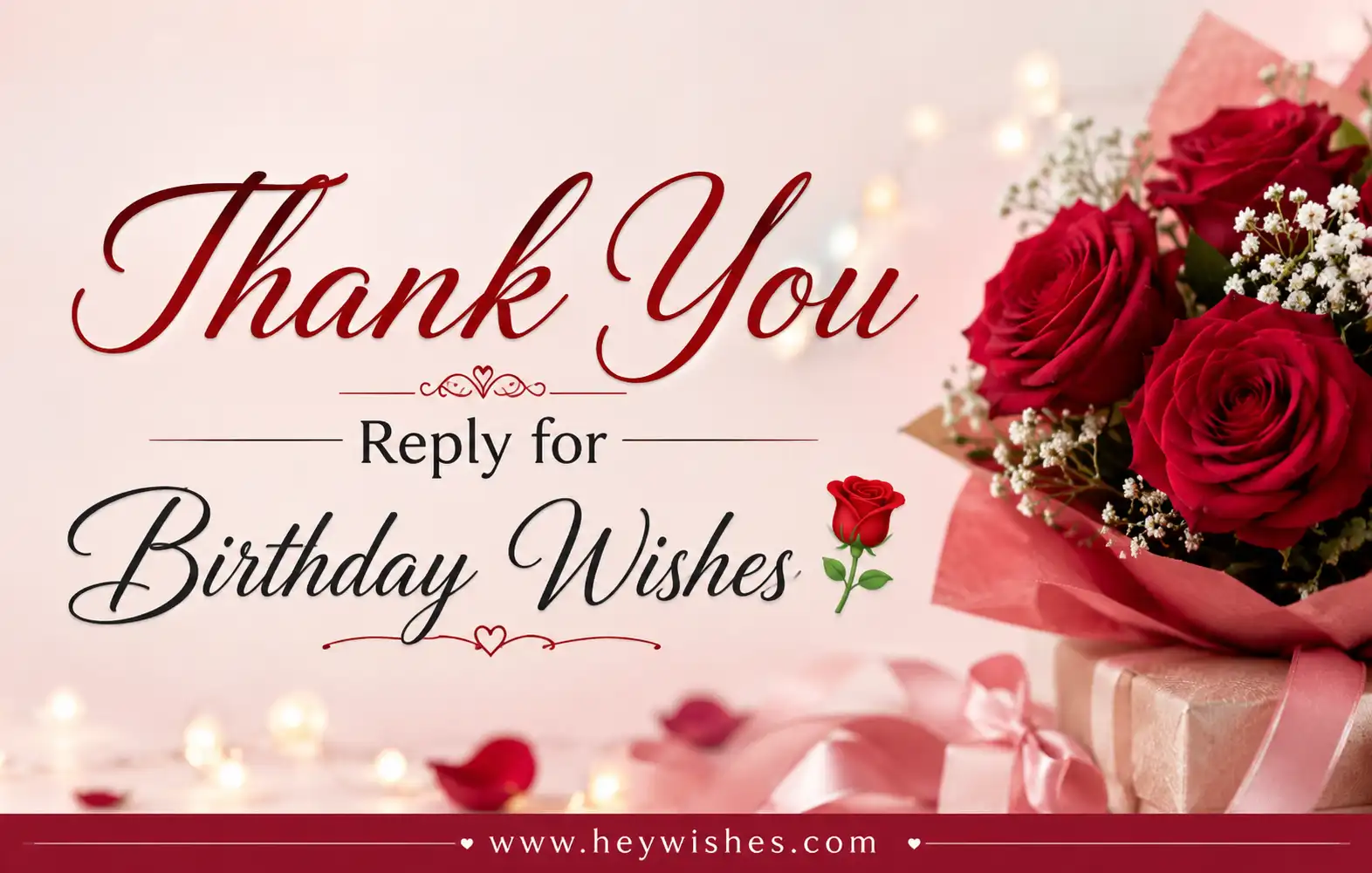 Elegant thank you card with red roses, gift box, and stylish text “Thank You Reply for Birthday Wishes 🌹” on a soft pink background.