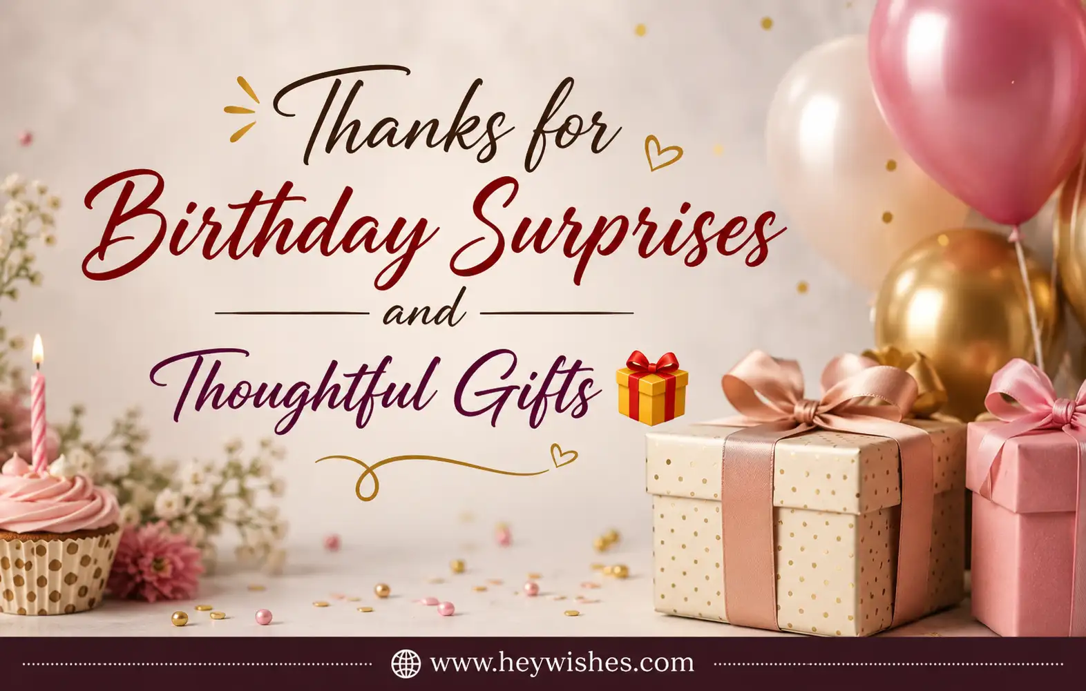 Birthday thank-you card with elegant text, gift boxes, balloons, cupcake, confetti, and heywishes.com footer.