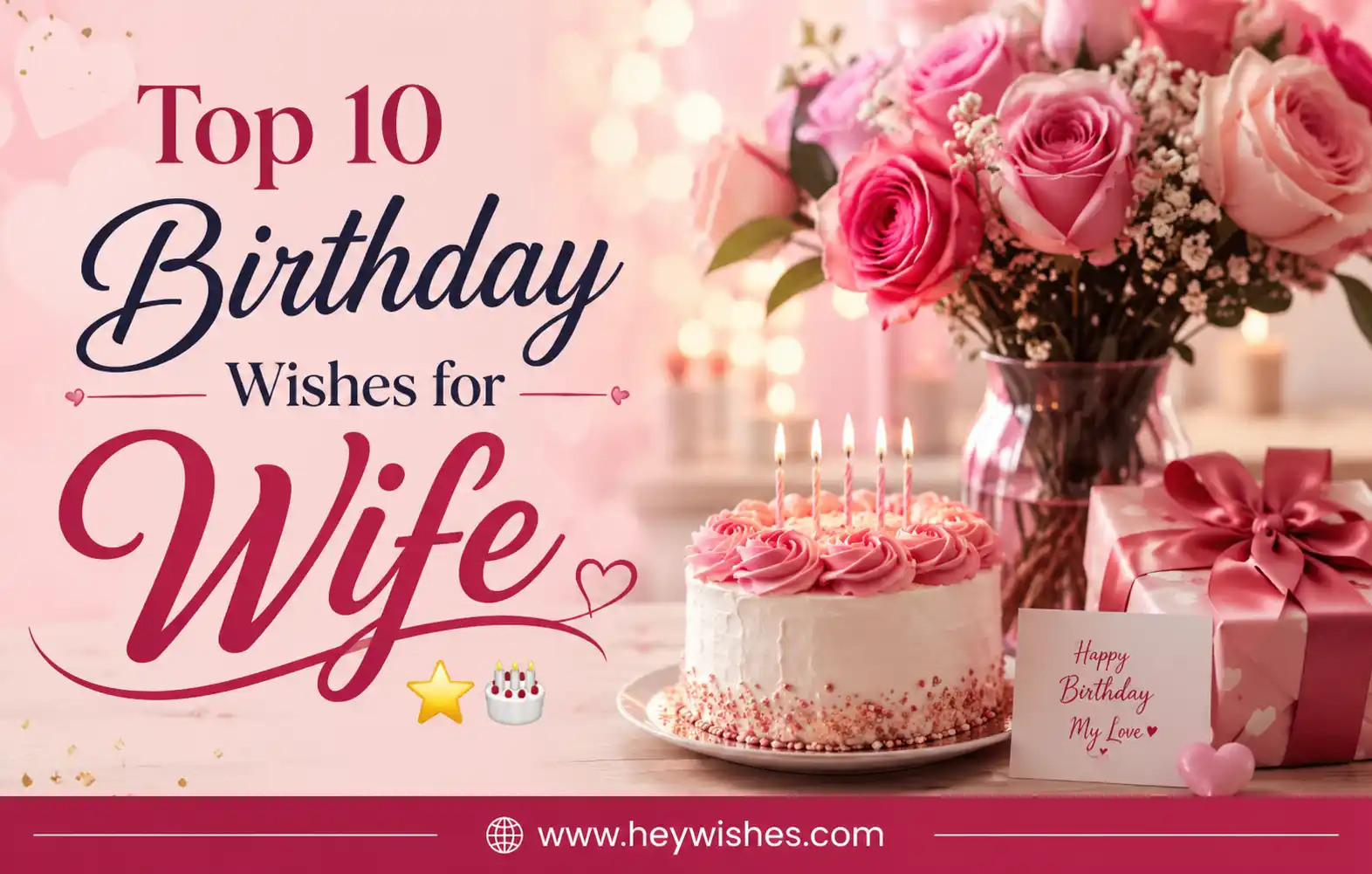 Romantic birthday banner with pink roses, cake, gifts, and stylish text reading Top 10 Birthday Wishes for Wife with heywishes.com footer.