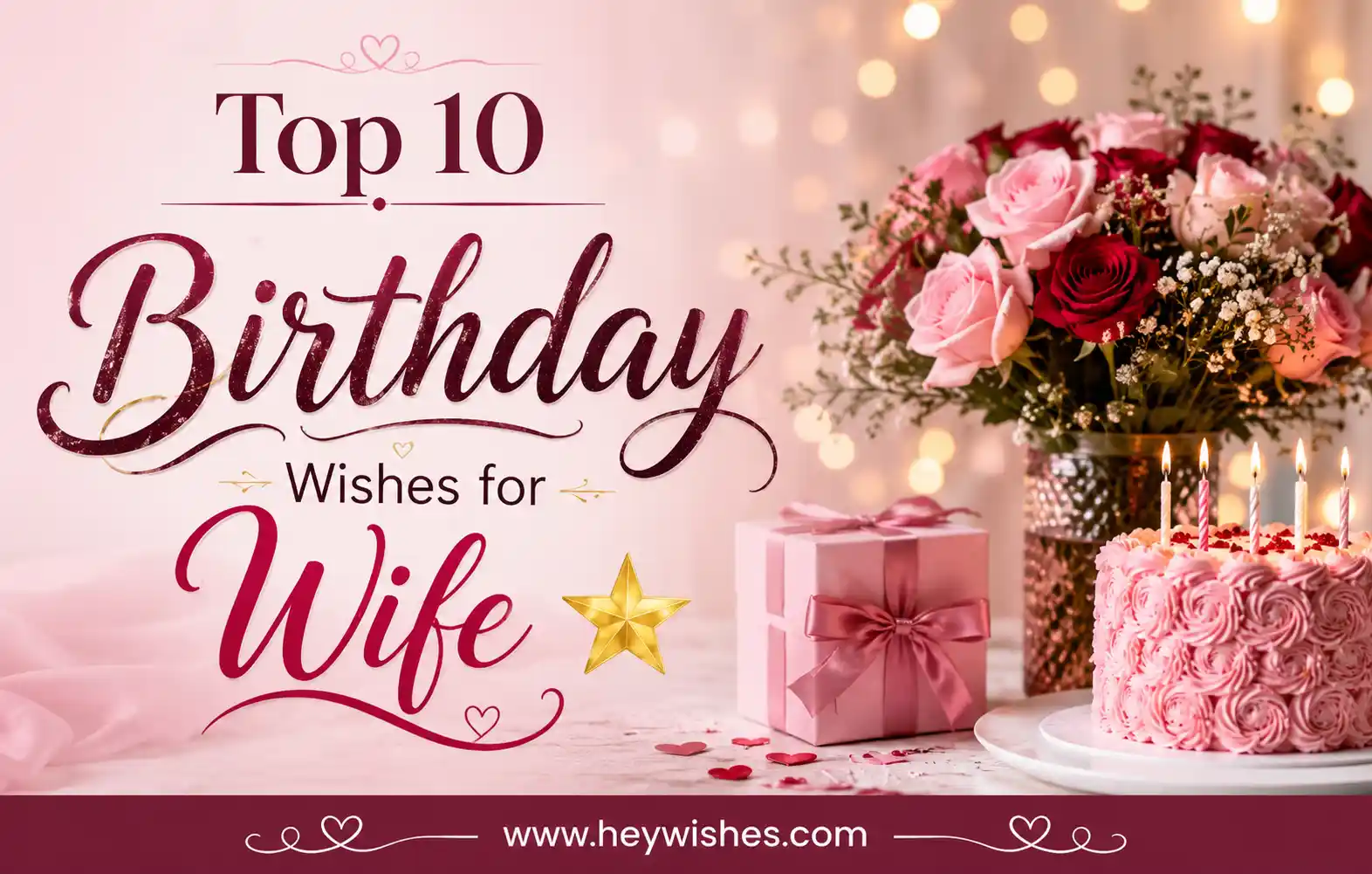 Romantic birthday wishes banner for wife with roses, pink cake, gift box, glowing lights, and stylish typography on soft pink background.