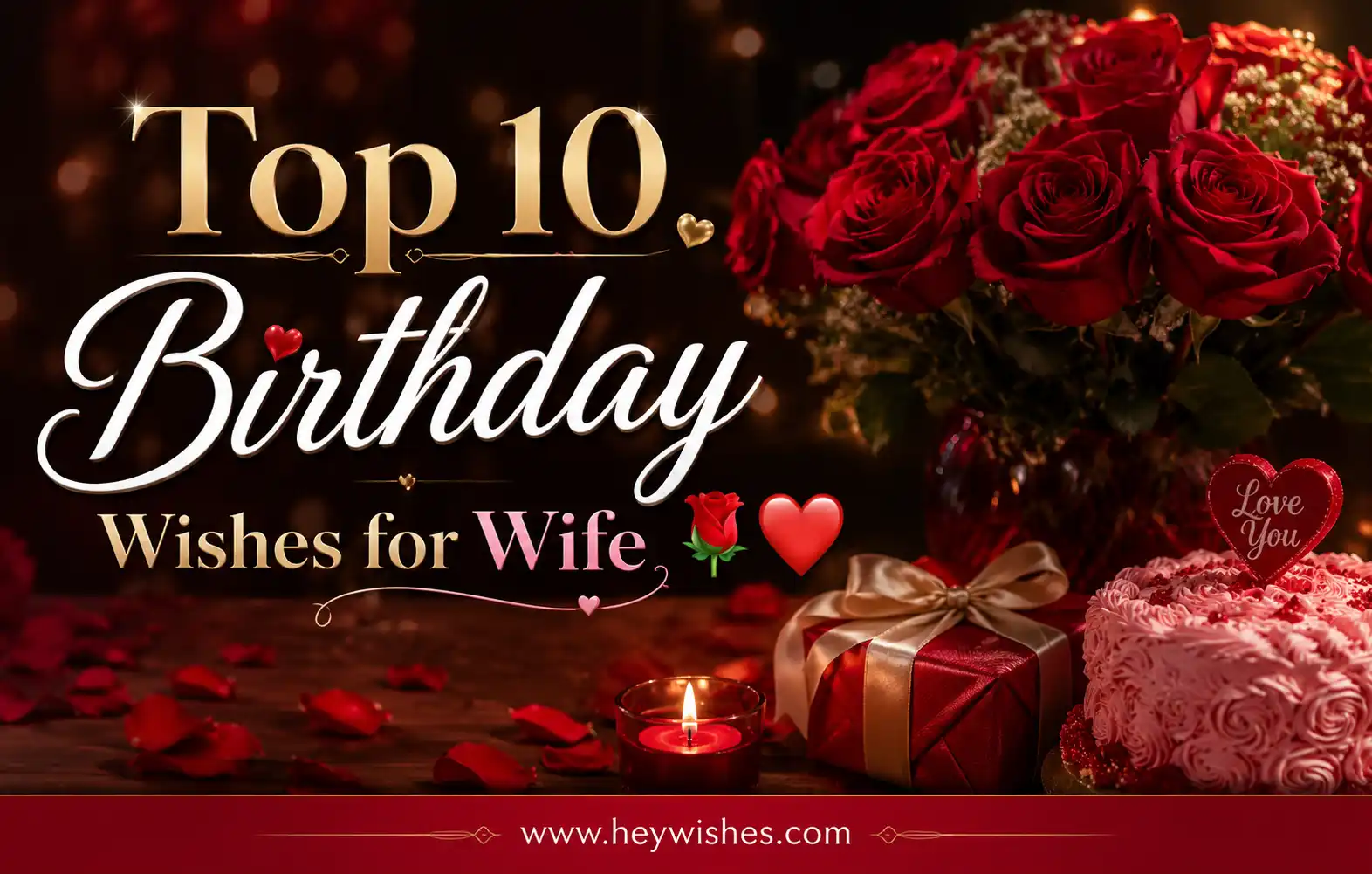 Top 10 Birthday Wishes for Wife with roses, cake, gift box, hearts, romantic decor, and www.heywishes.com footer