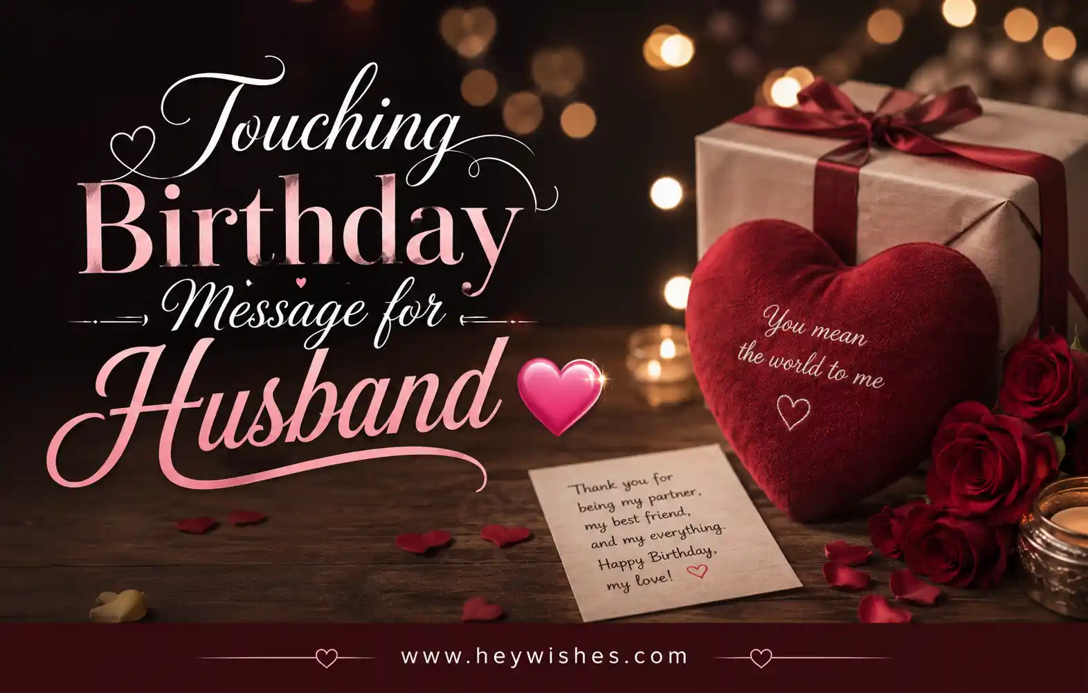 Romantic birthday banner for husband with stylish pink text, roses, gift box, heart cushion, candlelight, and HeyWishes footer.