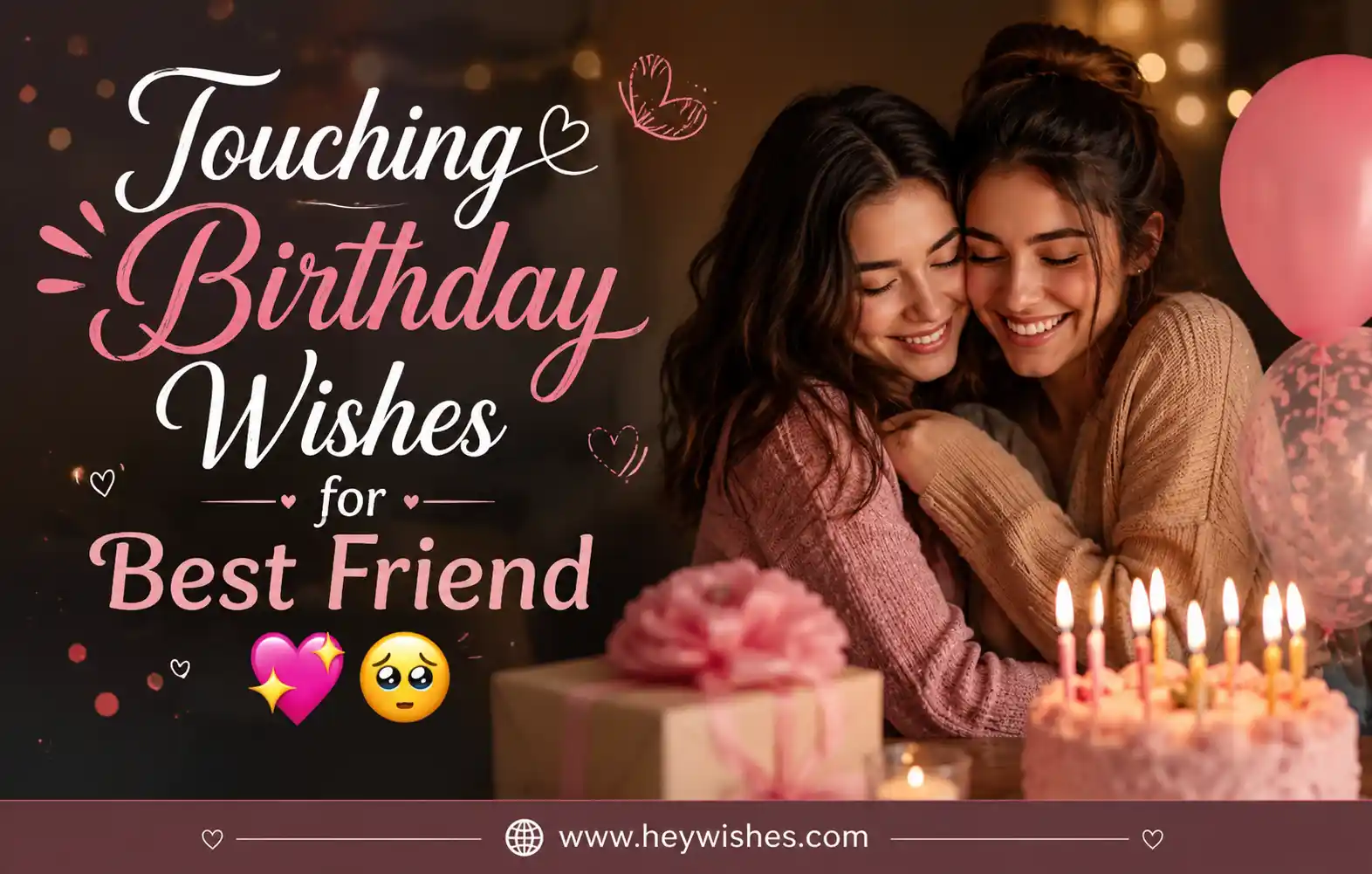 Heartfelt birthday wishes for best friend with cozy celebration scene, cake, balloons, and emotional friendship vibes.