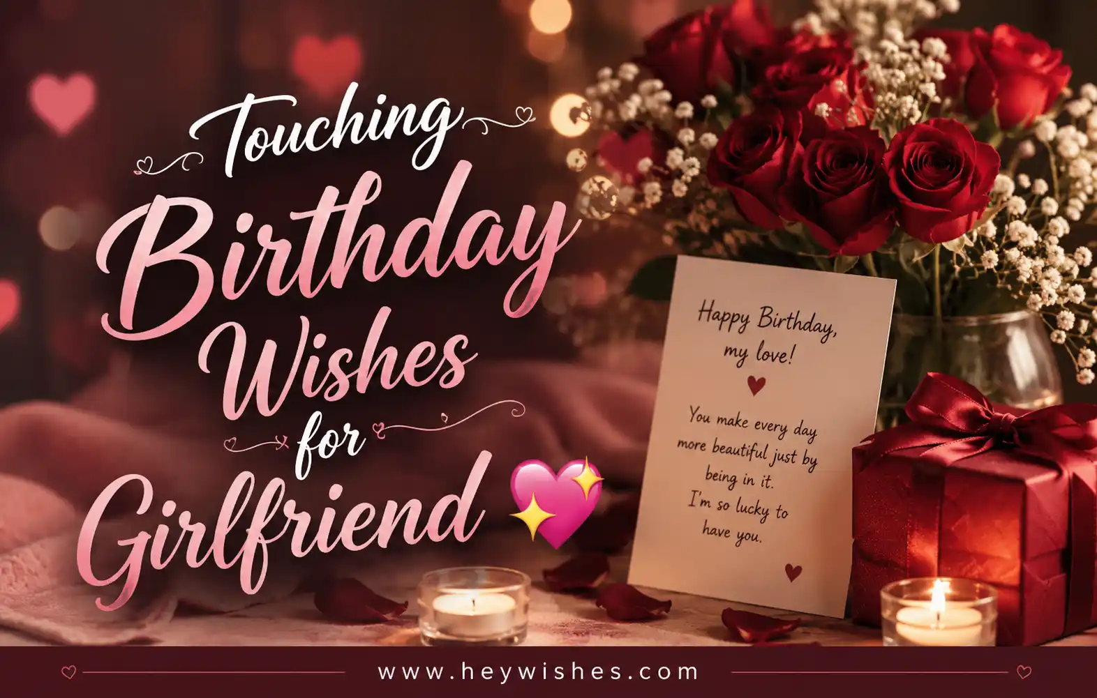 Romantic birthday wishes graphic with roses, candles, gift box, and stylish typography for girlfriend birthday celebration.