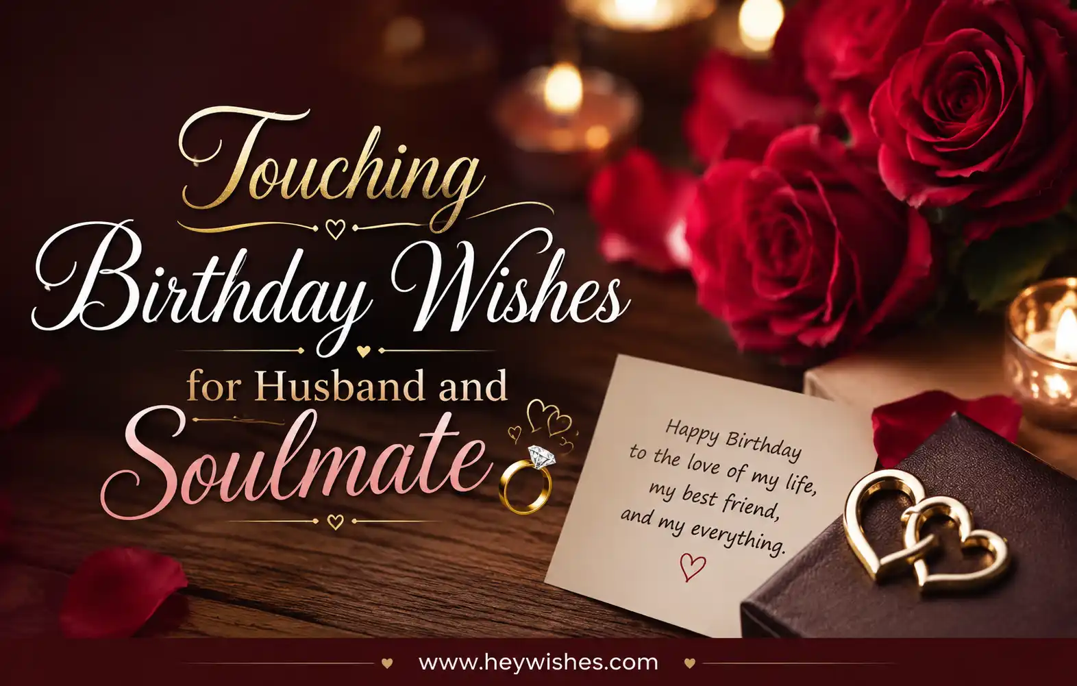 Romantic birthday banner with touching wishes for husband and soulmate, roses, candles, elegant typography, and heartfelt romantic background.
