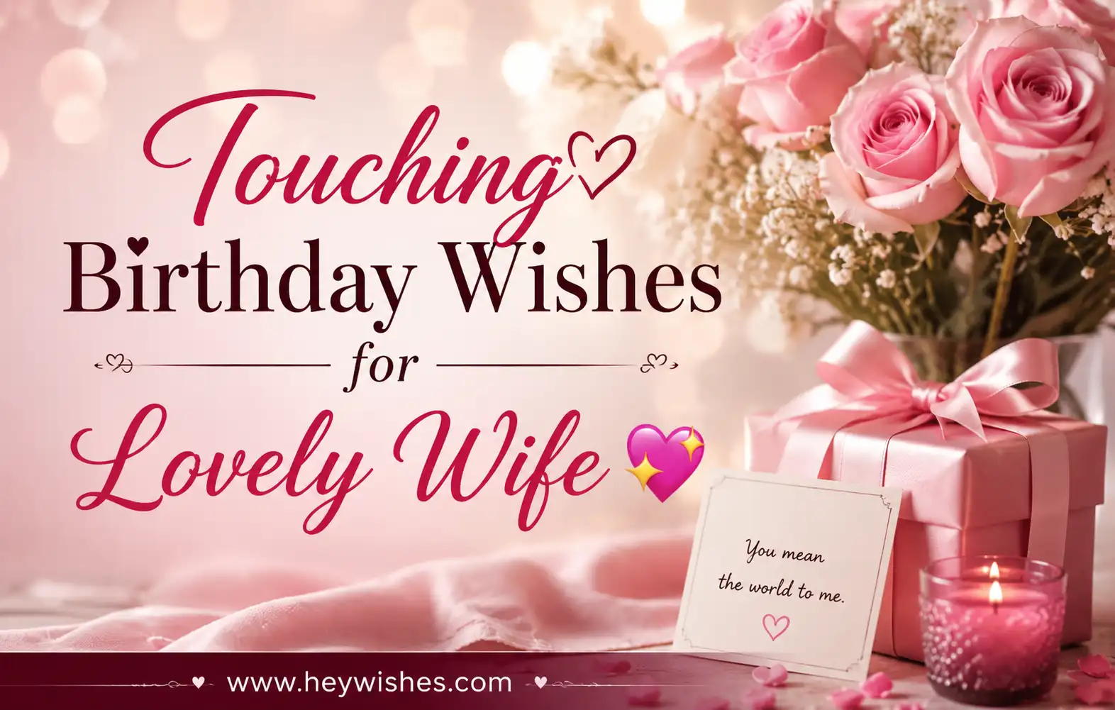 Romantic birthday card featuring pink roses, gift box, candle, and elegant text for touching birthday wishes for a lovely wife.