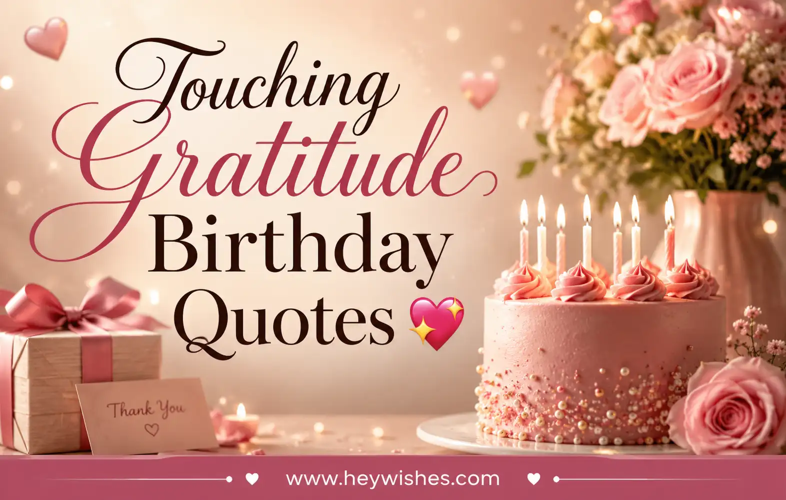 Elegant pink birthday cake, roses, gift box, and candles with stylish text “Touching Gratitude Birthday Quotes 💖” and HeyWishes footer.