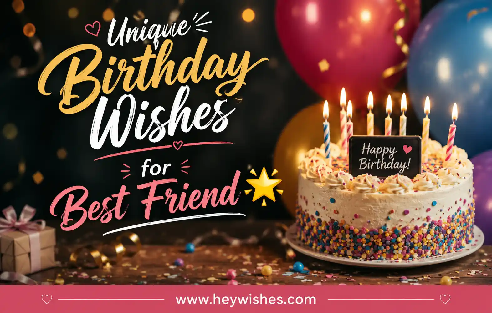 Stylish birthday graphic with cake, balloons, confetti, and “Unique Birthday Wishes for Best Friend” text on a festive background.