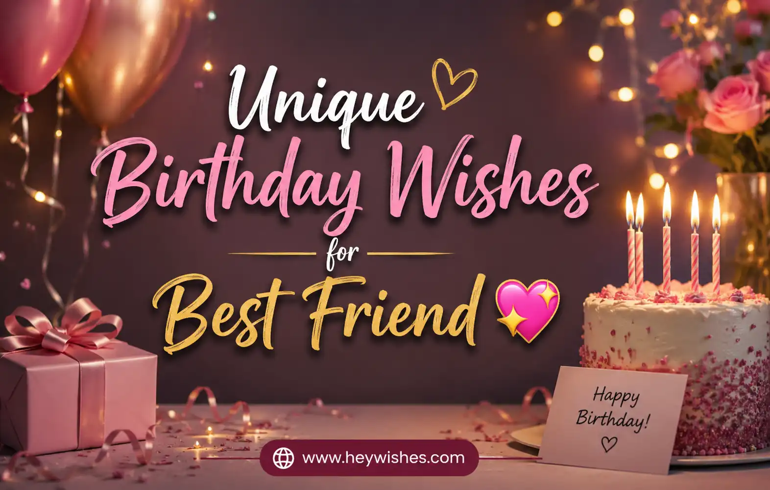 Stylish birthday graphic with cake, balloons, gift box, and glowing lights featuring “Unique Birthday Wishes for Best Friend 💖” text.