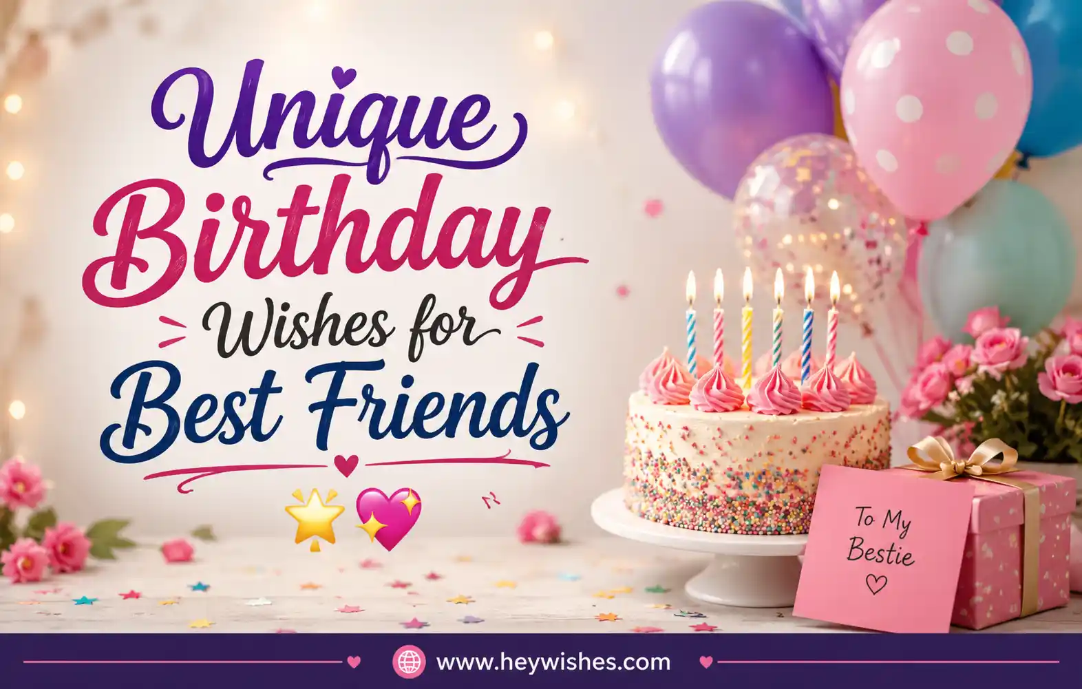 Realistic birthday setup with cake, balloons, flowers, and stylish text saying “Unique Birthday Wishes for Best Friends” with heywishes.com footer.