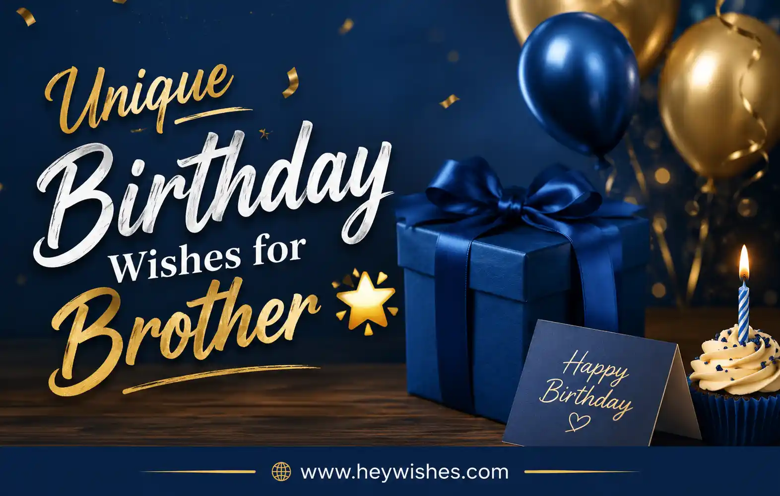 Realistic birthday banner with blue and gold balloons, gift box, cupcake, and stylish “Unique Birthday Wishes for Brother” text.