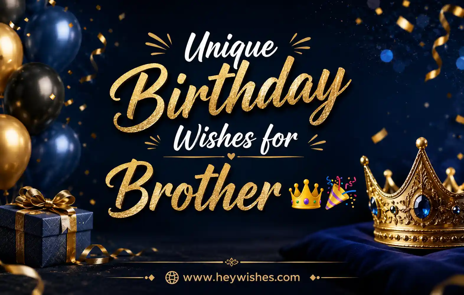 Stylish birthday graphic for brother with gold crown, balloons, confetti, and elegant typography on dark luxury background.