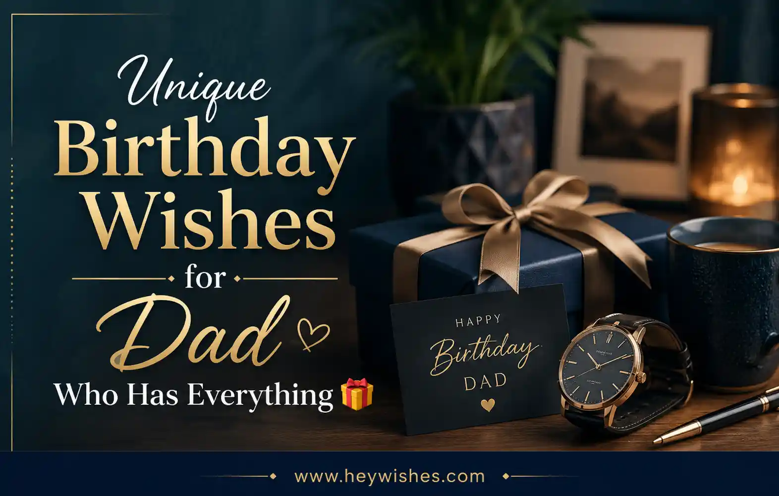 Elegant birthday setup with gift box, watch, and stylish text reading “Unique Birthday Wishes for Dad Who Has Everything” on dark luxury background.