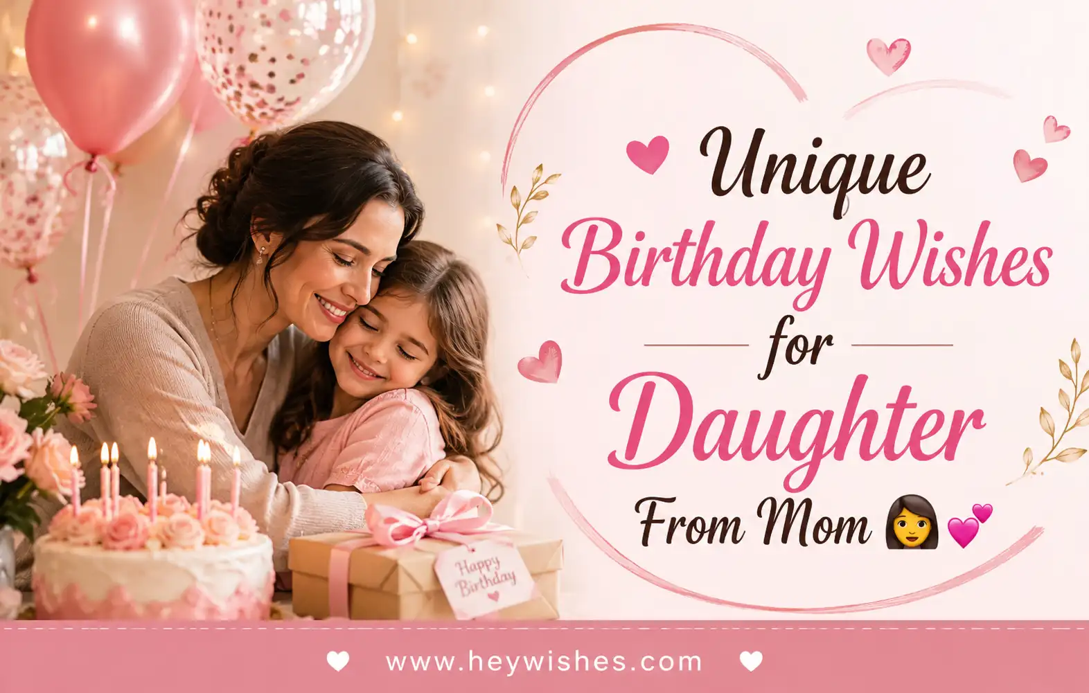 Mother hugging daughter at birthday party with stylish “Unique Birthday Wishes for Daughter From Mom” text and pink festive decor.
