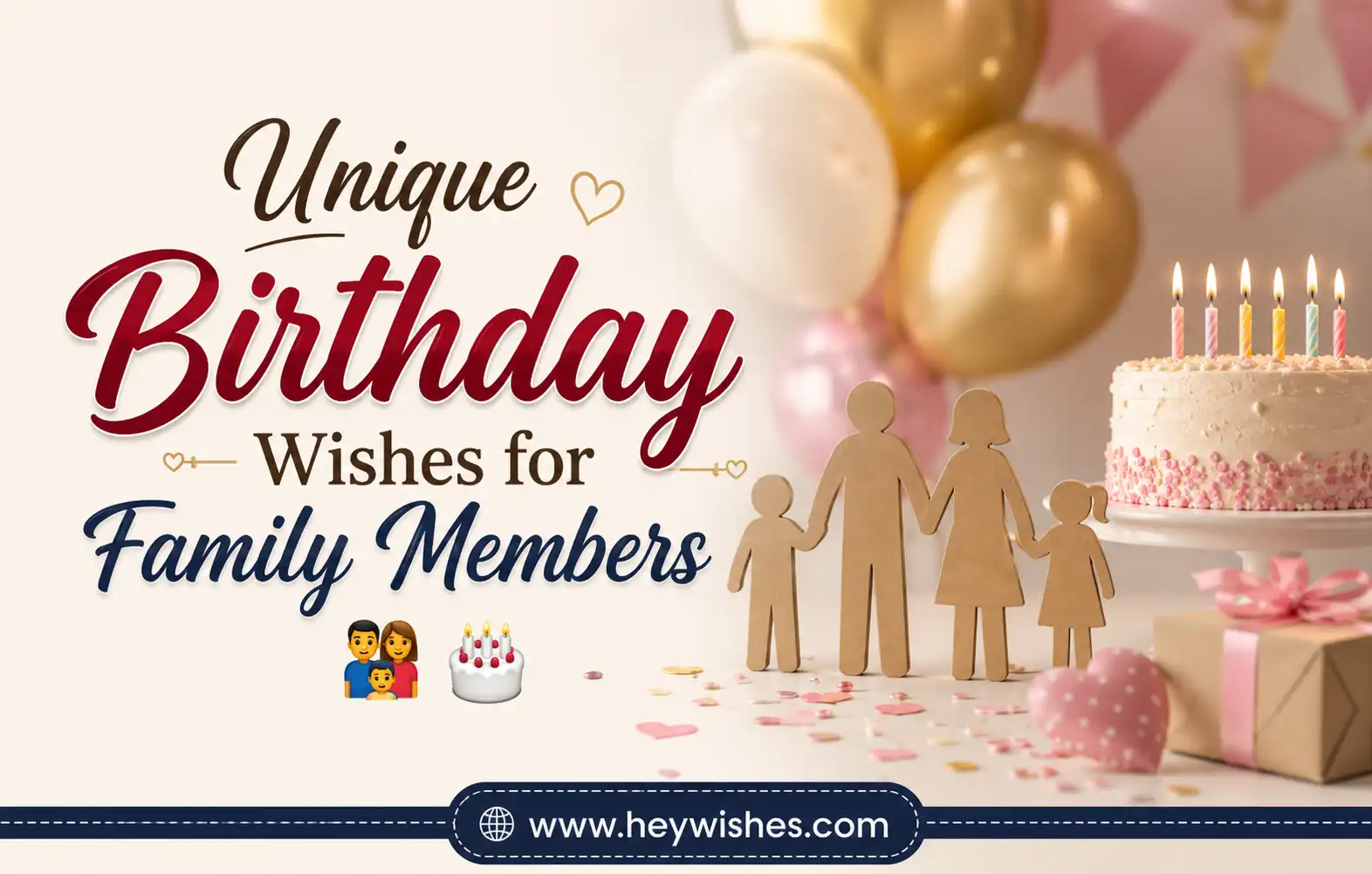 Stylish birthday graphic for family members with cake, balloons, festive decor, and heartfelt wishes on a warm celebration background.
